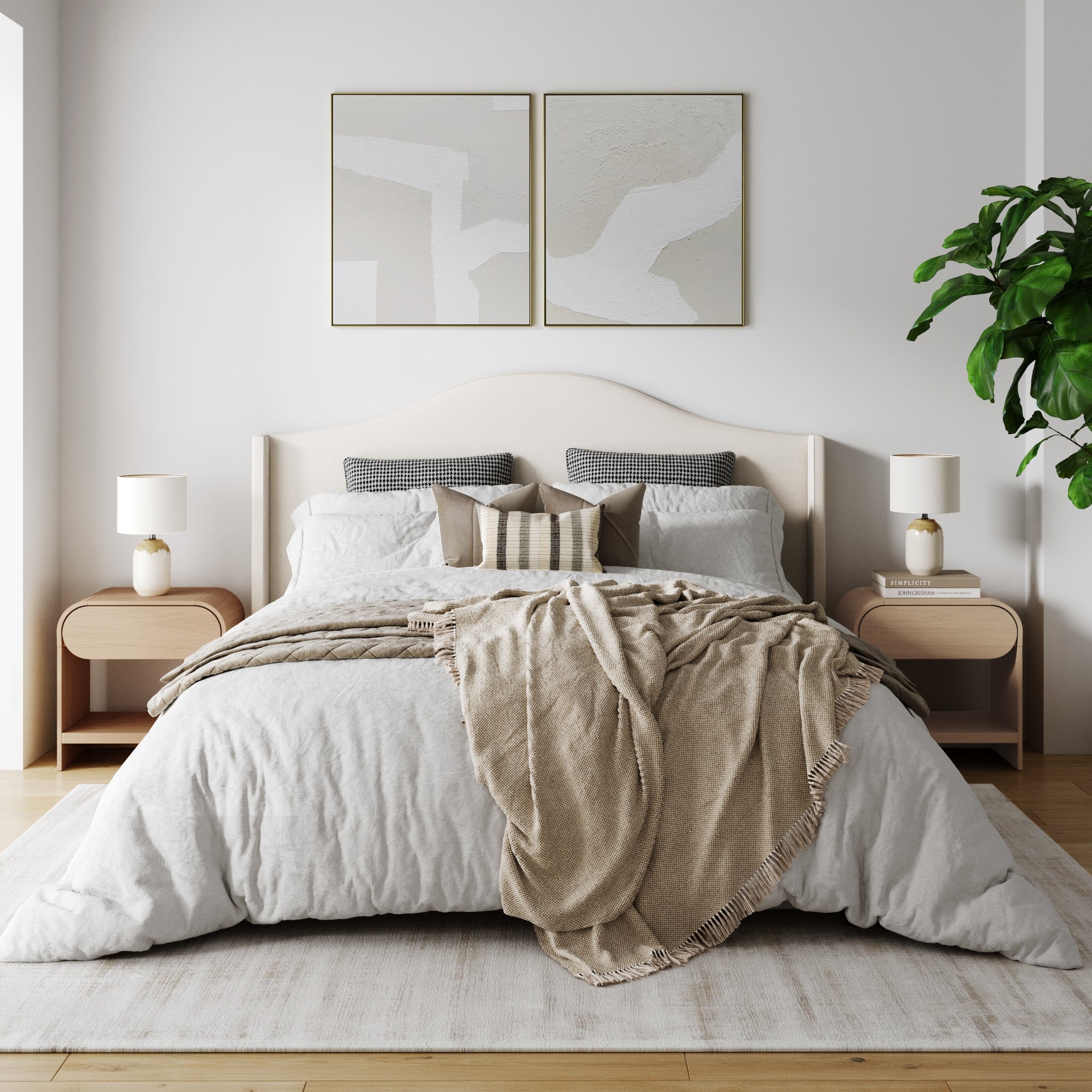 A modern, cozy bedroom with a large bed dressed in white and beige bedding, two Nathan James Mid-Century Arched Nightstands in light oak with lamps, abstract wall art, and a large green plant in the corner.