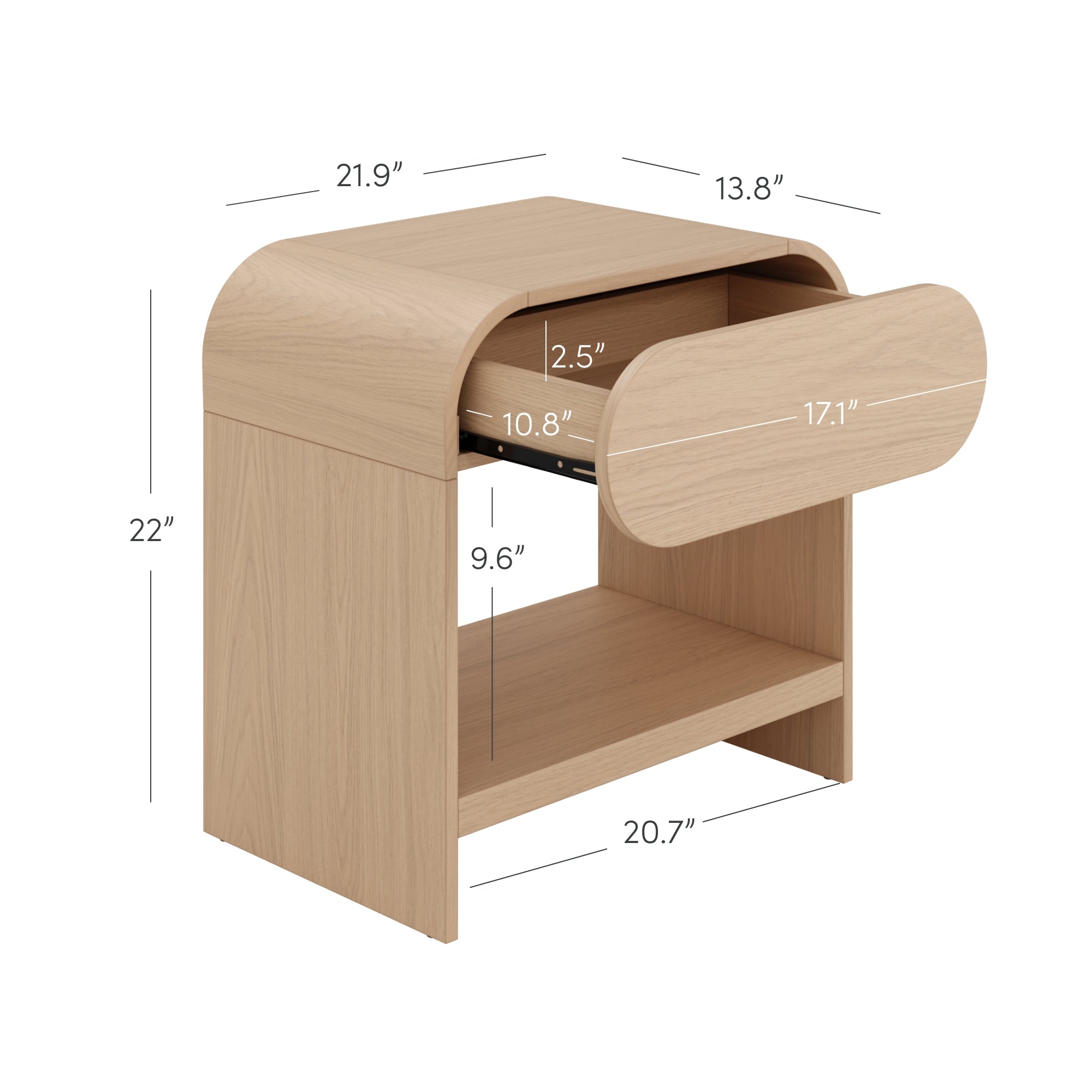 Light wood nightstand with rounded edges, one open drawer, and a lower shelf. Dimensions and drawer measurements are labeled, including overall height of 22, width of 21.9, and drawer width of 17.1.