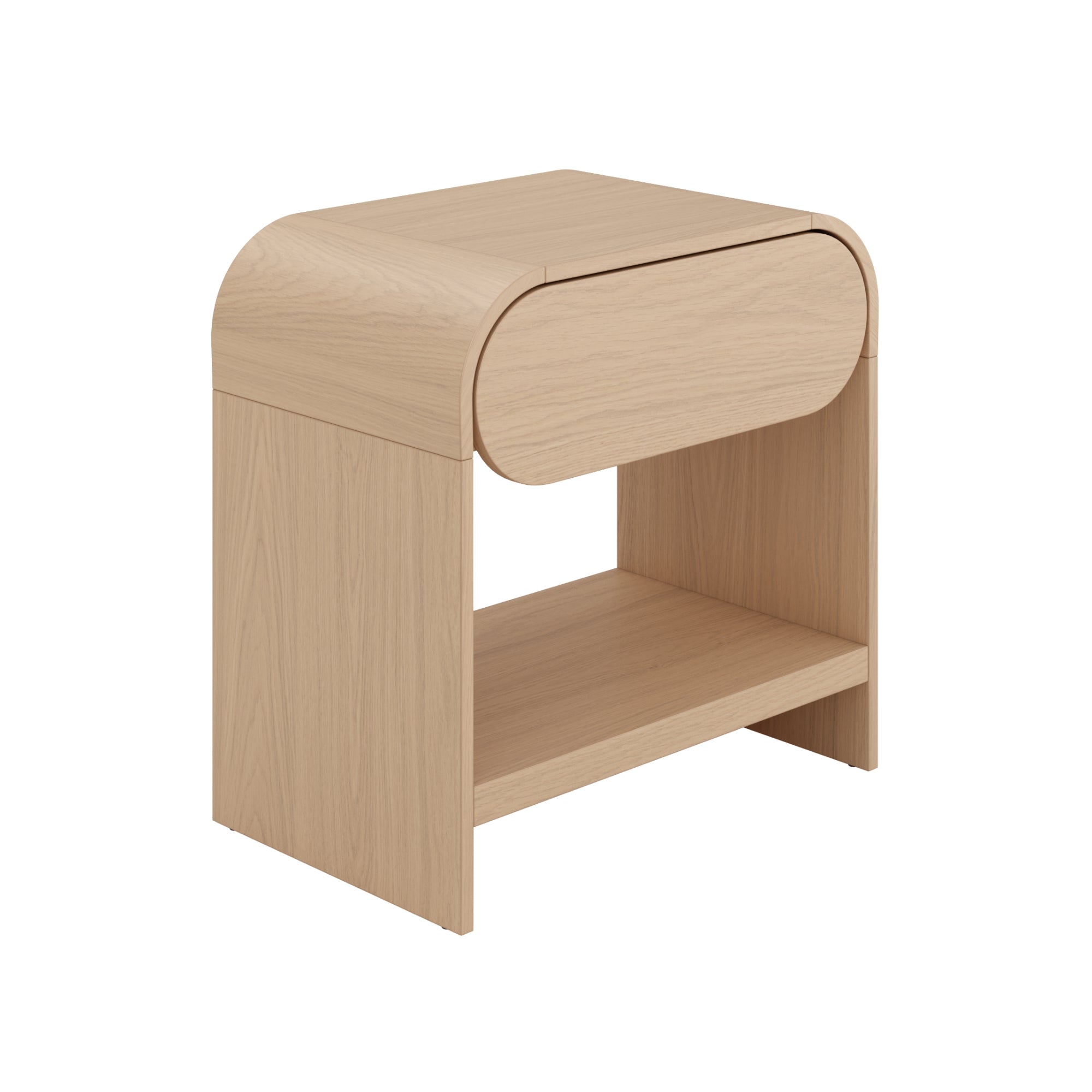 A light wood bedside table with rounded edges, a curved drawer at the front, and an open shelf at the bottom, displayed on a white background.