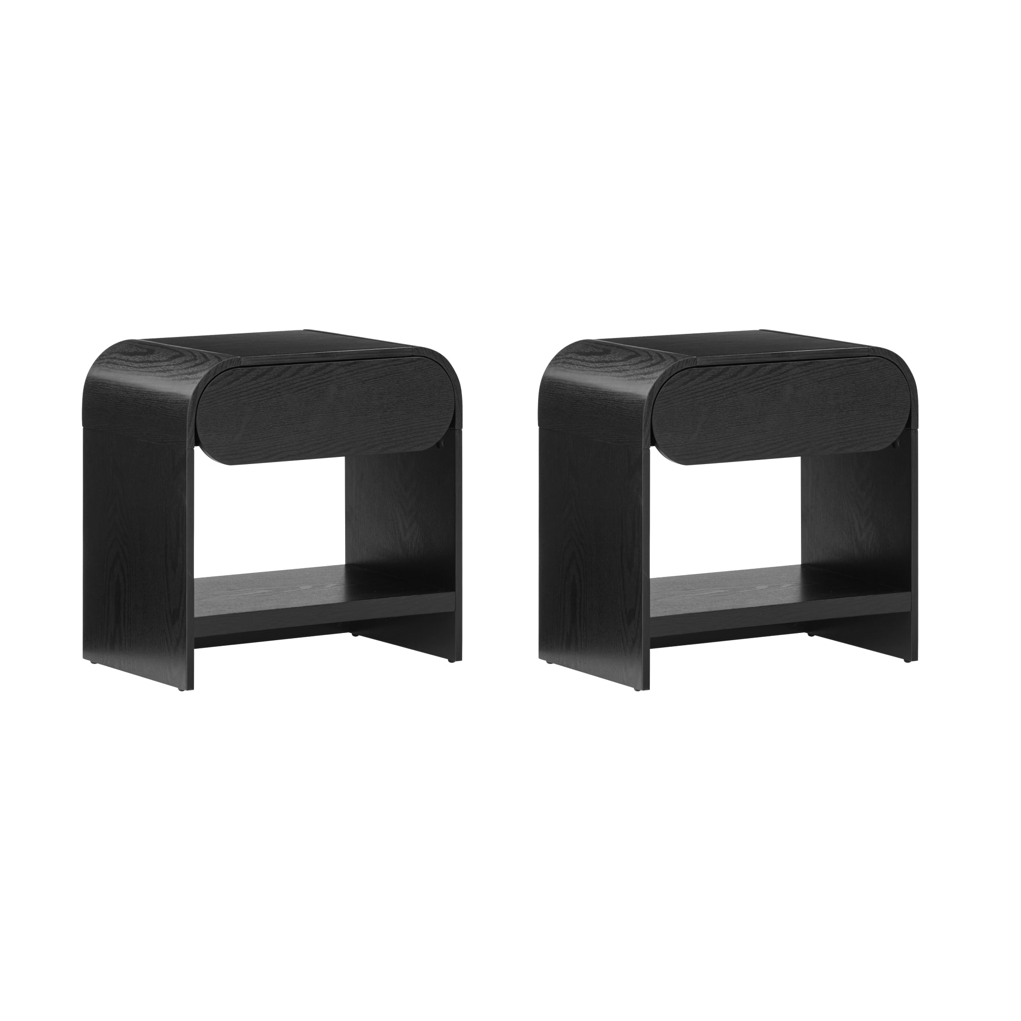 Two identical black wooden nightstands with rounded edges, an open shelf at the bottom, and a drawer at the top, displayed against a white background.