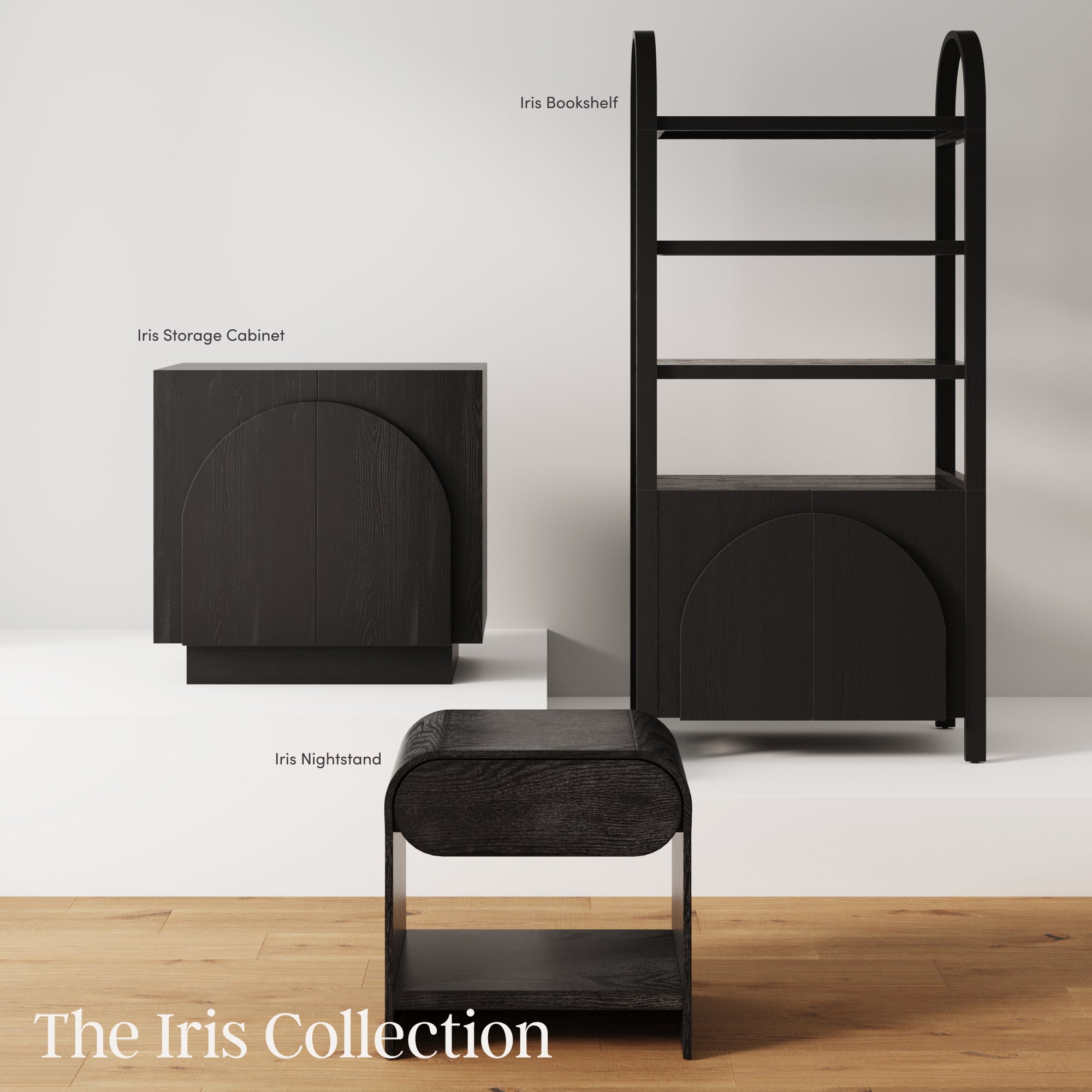 Three sleek, modern black furniture pieces—bookshelf, storage cabinet, and nightstand—are displayed on a white platform with wood flooring. Labels identify each item as part of The Iris Collection.