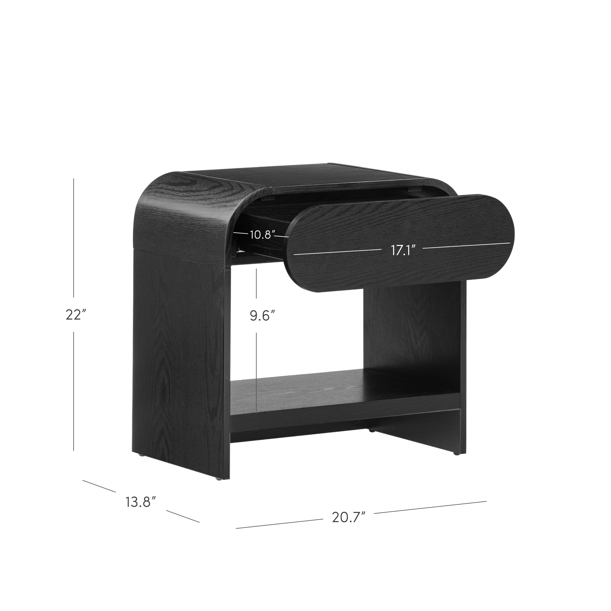 Black wooden nightstand with curved edges, a pull-out drawer (17.1 wide, 10.8 deep, 9.6 high opening), and an open lower shelf. The nightstand measures 22 high, 20.7 wide, and 13.8 deep.