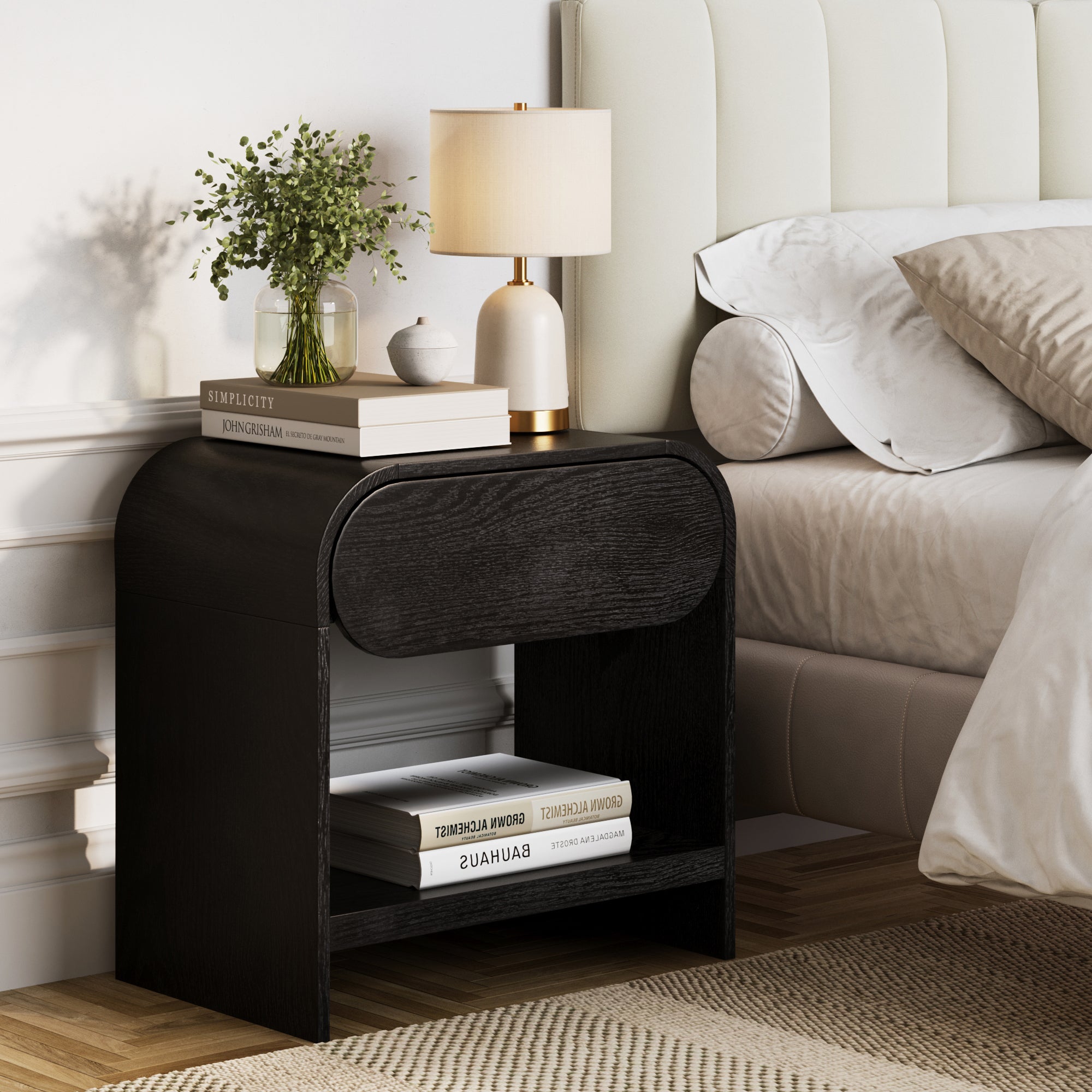 Iris Mid-Century Modern Nightstand with Drawer, Wooden Bedside Table for Bedroom or Living Room with Rounded Silhouette
