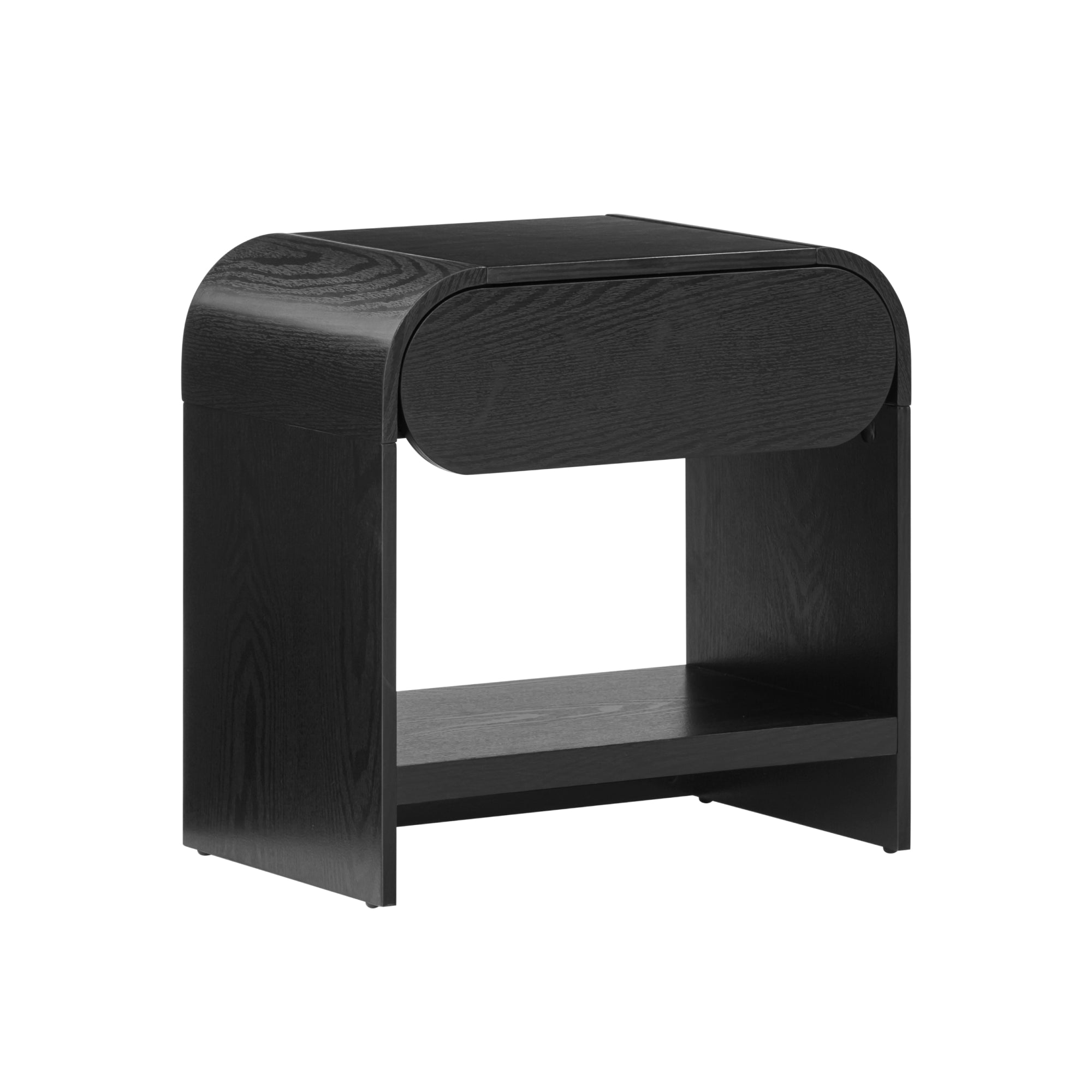A modern black wooden nightstand with rounded corners, an open lower shelf, and a smooth top surface. The design is minimalistic and contemporary.