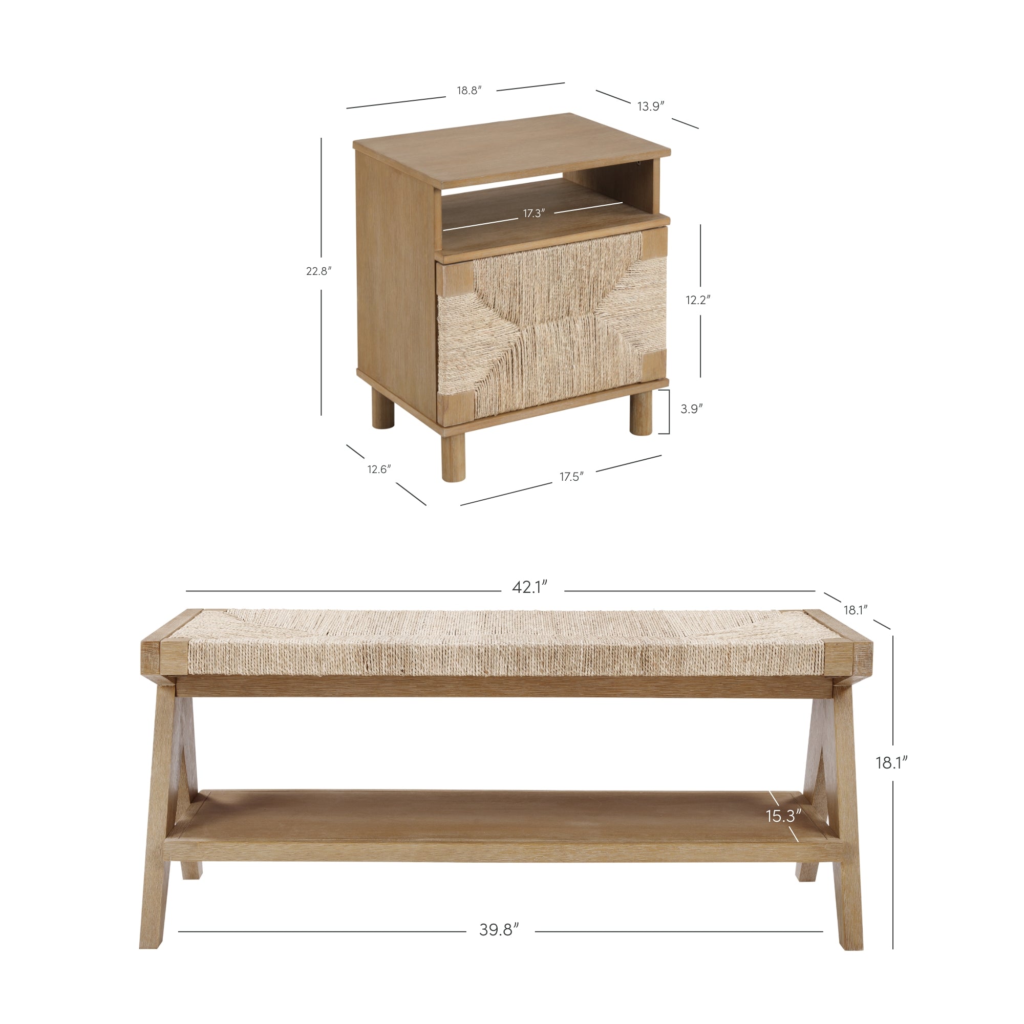 A wooden nightstand with a drawer and open shelf, and a matching bench with a woven top and lower shelf. Both have labeled measurements in inches indicating dimensions of height, width, and depth.