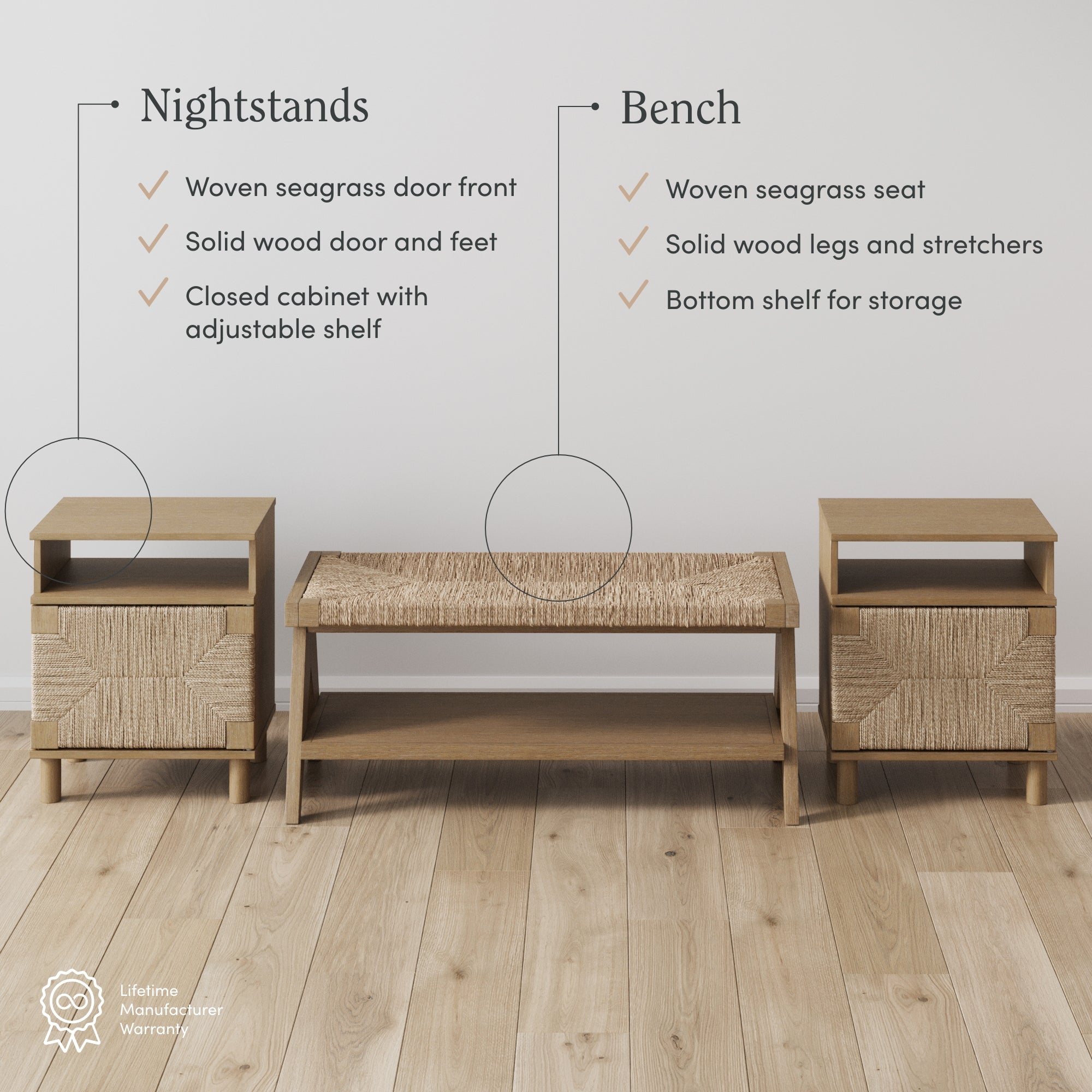 A wooden bench with woven seagrass seat is flanked by two matching nightstands. The nightstands feature woven seagrass doors, solid wood frames, and adjustable shelves. Text highlights their features on a light wood floor.