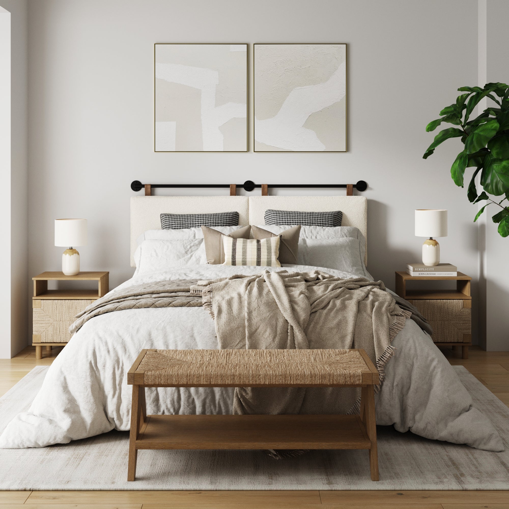 A modern, cozy bedroom with a beige bed, neutral bedding, two wooden nightstands with lamps, abstract art above the headboard, a wooden bench at the foot of the bed, and a large green plant in the corner.
