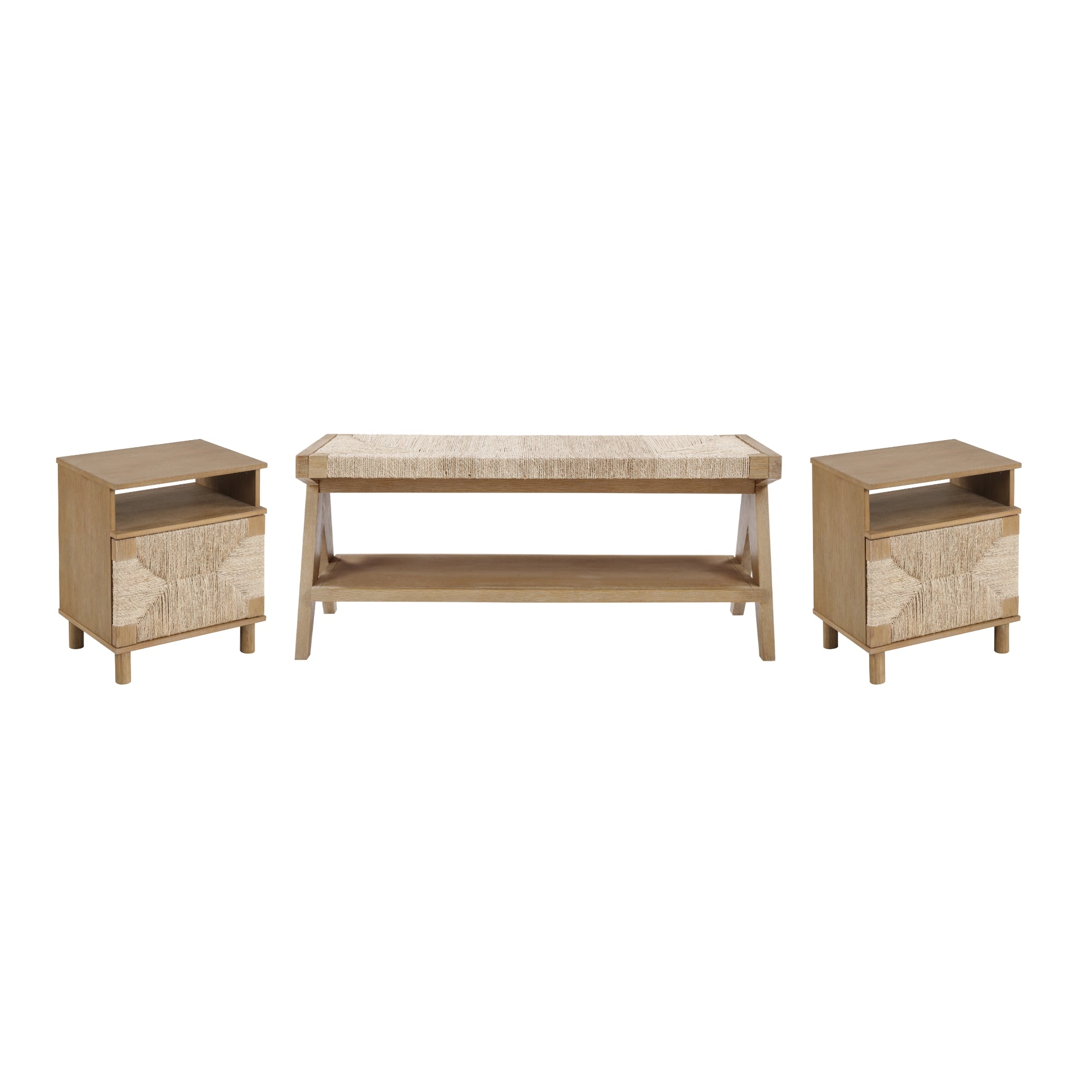 A three-piece wooden furniture set with a natural finish, including a rectangular coffee table and two matching end tables, each with an open shelf and a drawer featuring a textured front.