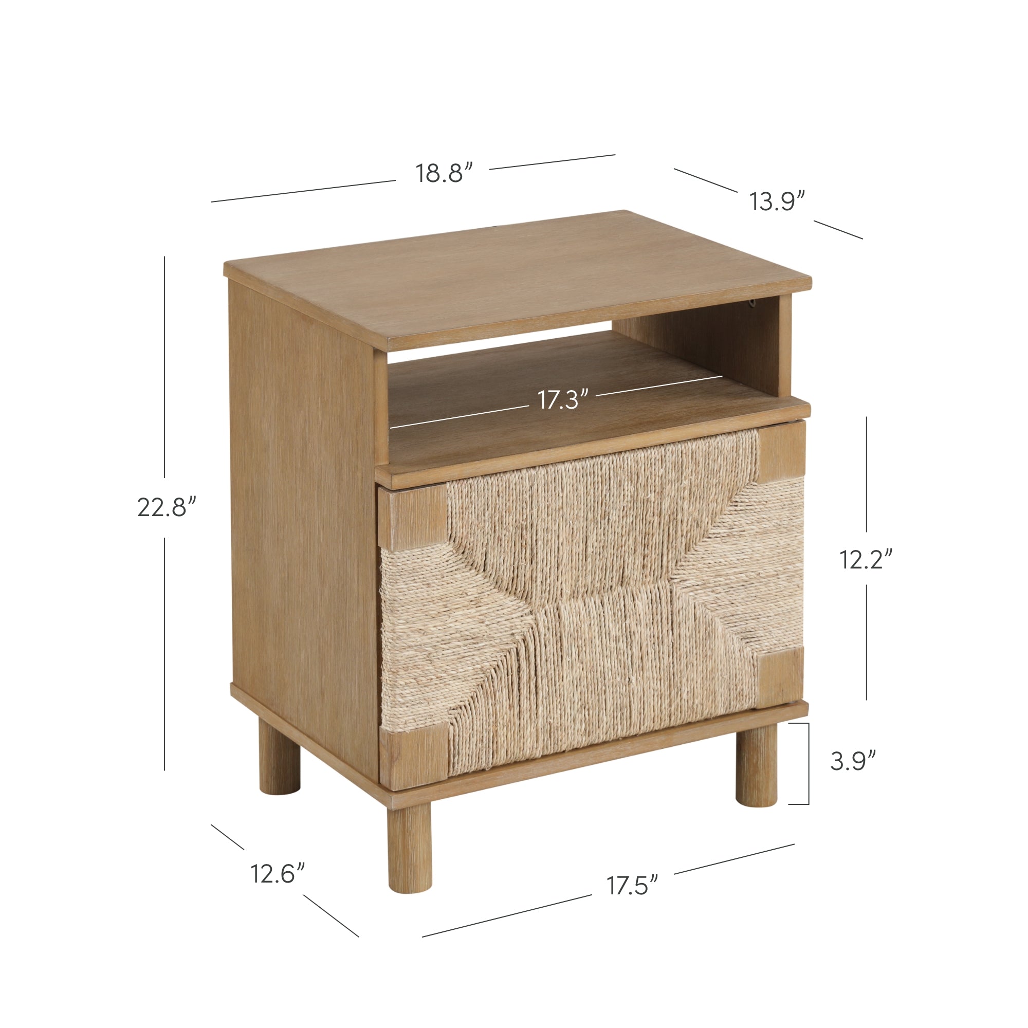 A wooden nightstand with an open shelf and a textured front drawer, shown with dimensions: 22.8 high, 18.8 wide, 13.9 deep. The drawer is 12.2 high, 17.5 wide, and 12.6 deep.