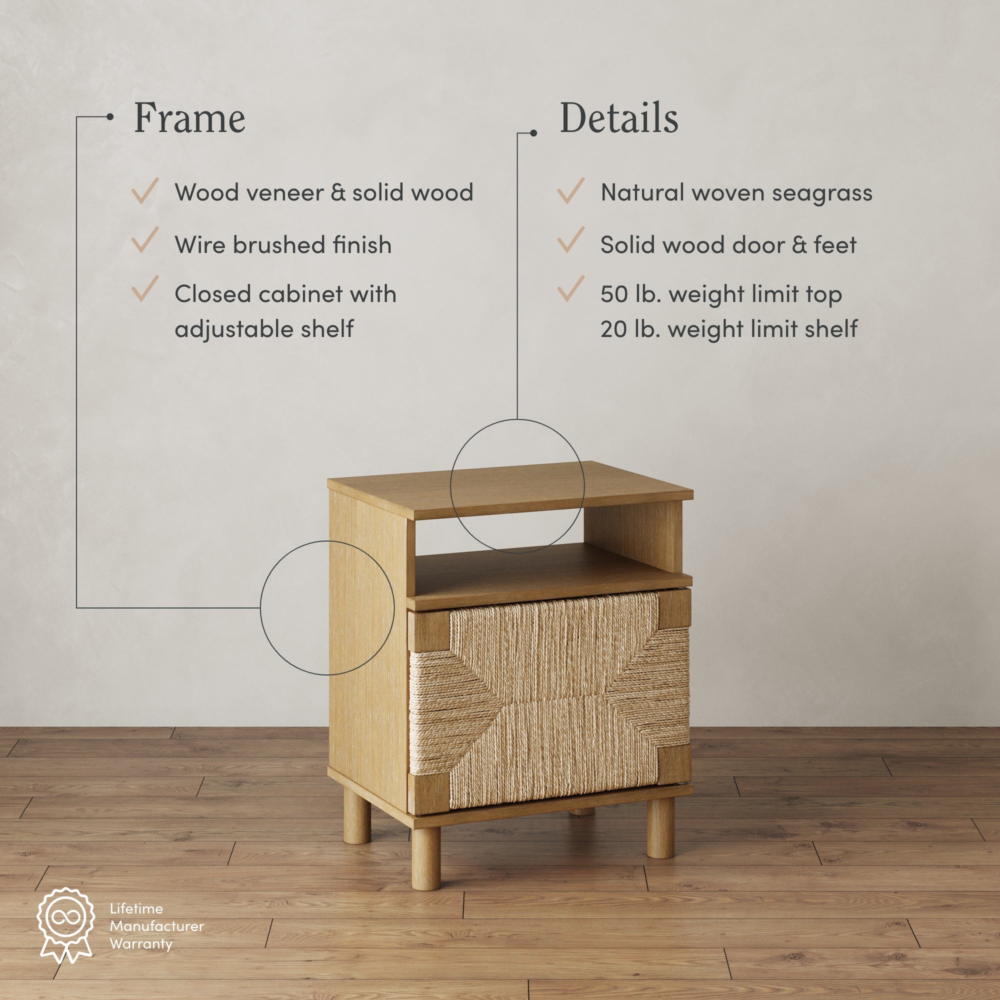 A small wooden nightstand with an open shelf, a closed cabinet featuring a woven seagrass front, and round feet. Text highlights its wood and seagrass materials, adjustable shelf, and weight limits.
