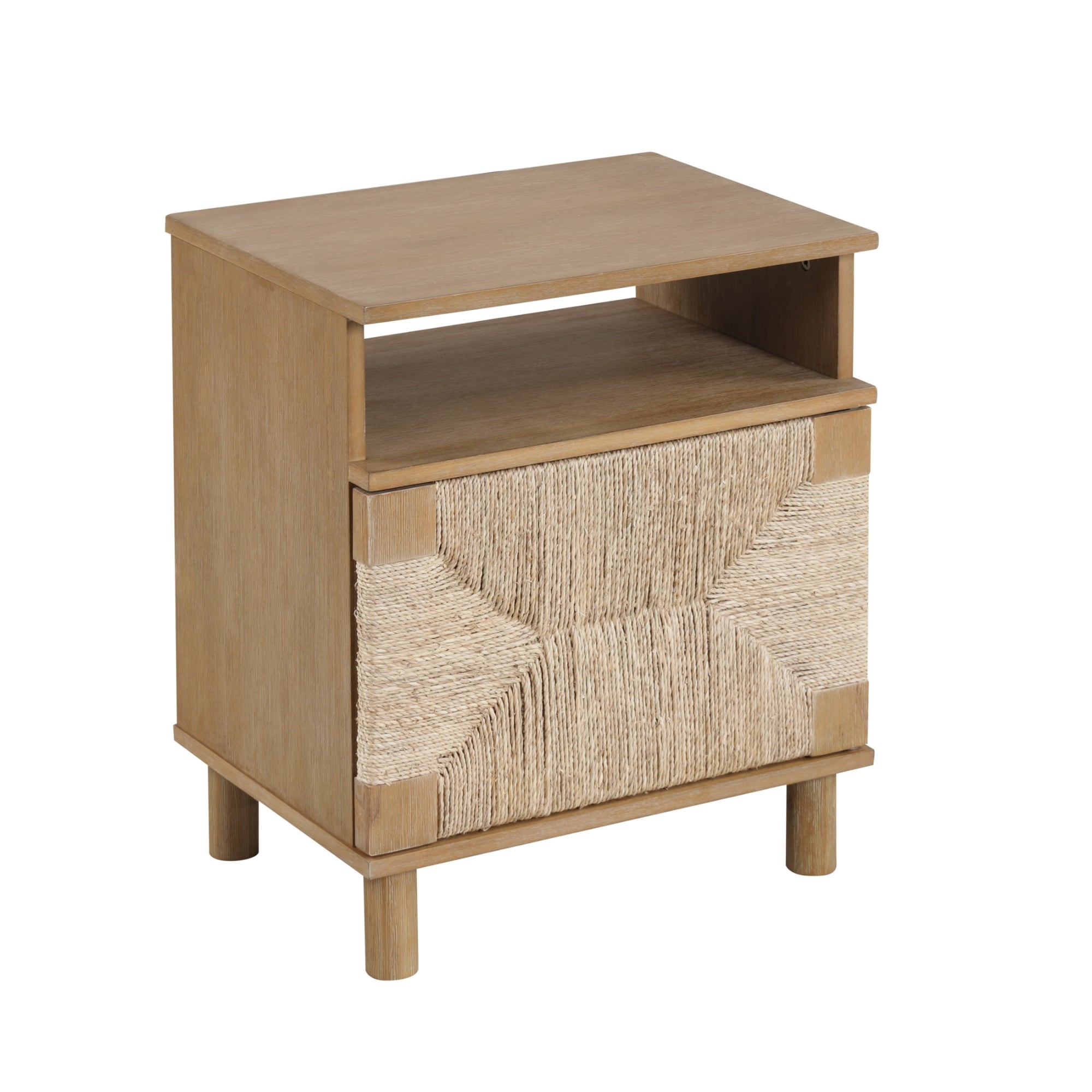 A wooden nightstand with an open shelf and a drawer featuring a decorative woven front in a geometric pattern. The nightstand has a light wood finish and four round legs.