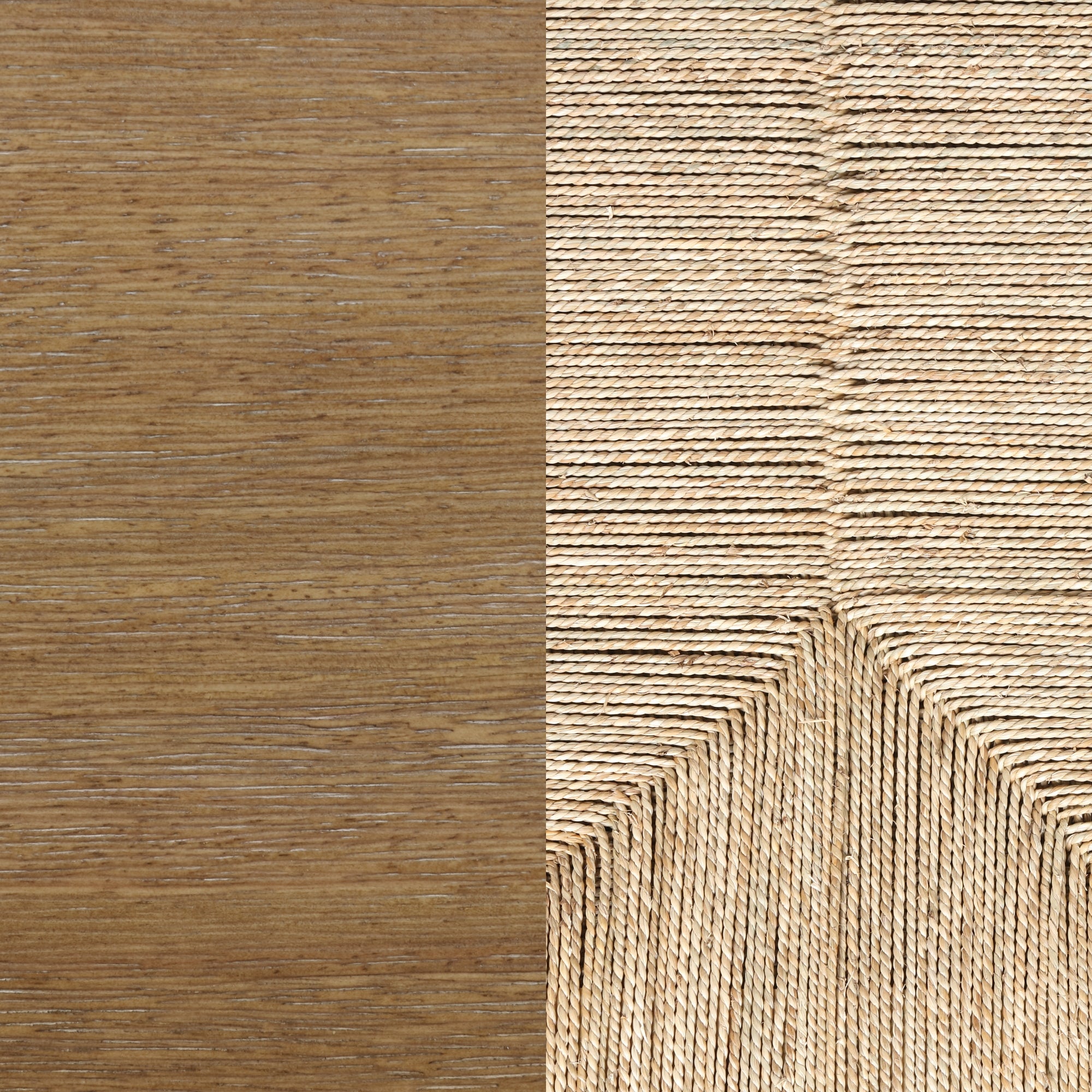 Close-up of two textured surfaces: the left side shows smooth, brown wood grain, while the right side displays tightly woven, tan-colored rope forming geometric patterns and sharp angles.