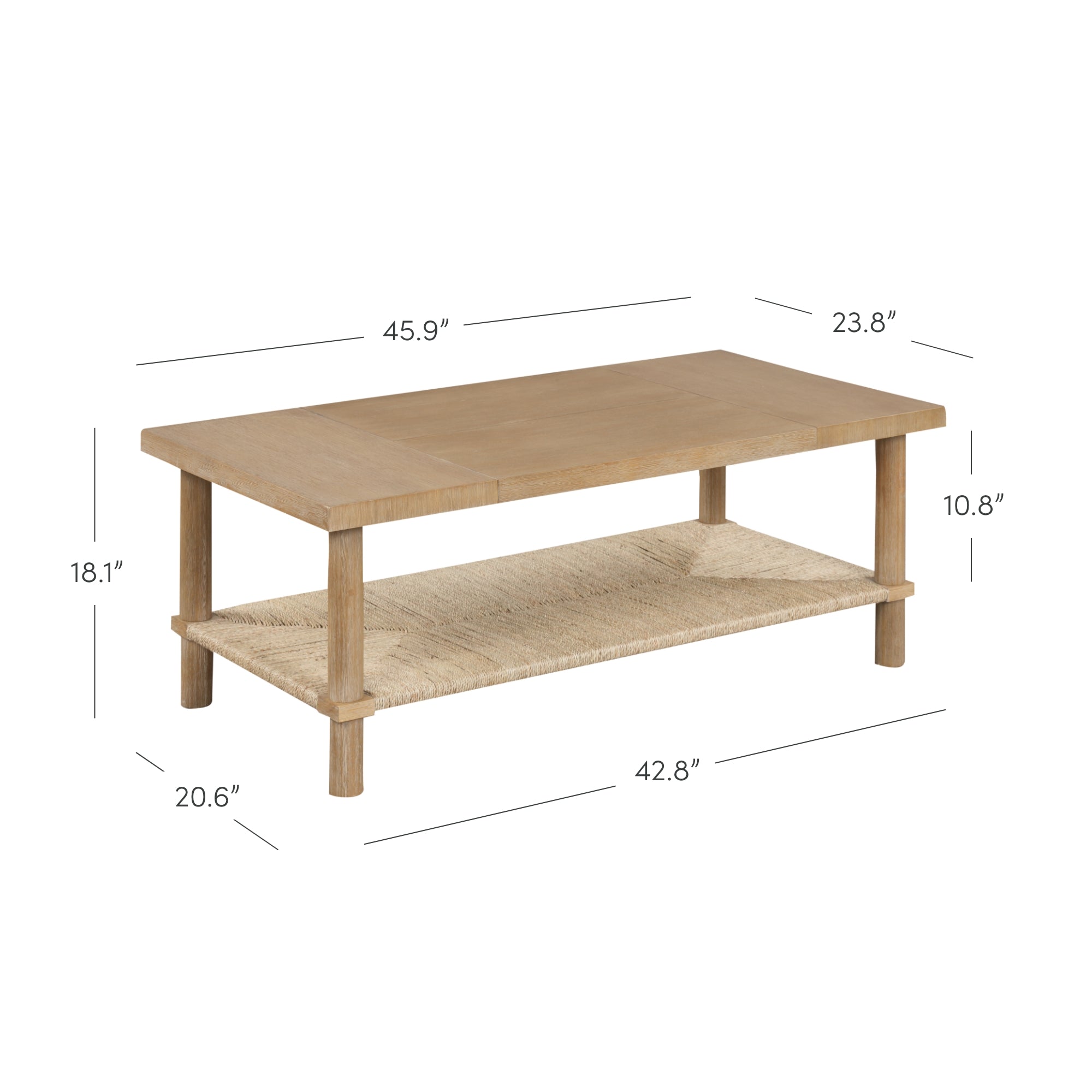 Rectangular wooden coffee table with lower woven shelf. Dimensions are labeled: 45.9 length, 23.8 width, 18.1 height; lower shelf is 42.8 by 20.6 and 10.8 above the floor.