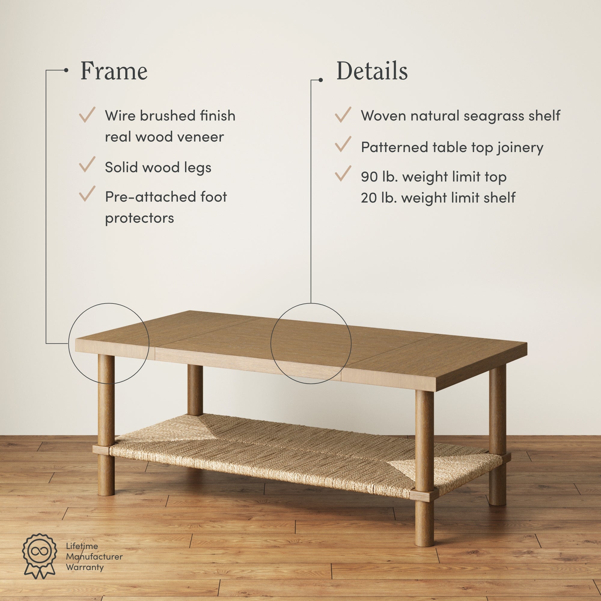 A wooden coffee table with a woven seagrass lower shelf is shown on a wood floor. Text highlights features like solid wood legs, wire brushed veneer, patterned joinery, and a weight limit of 90 lbs for the top.