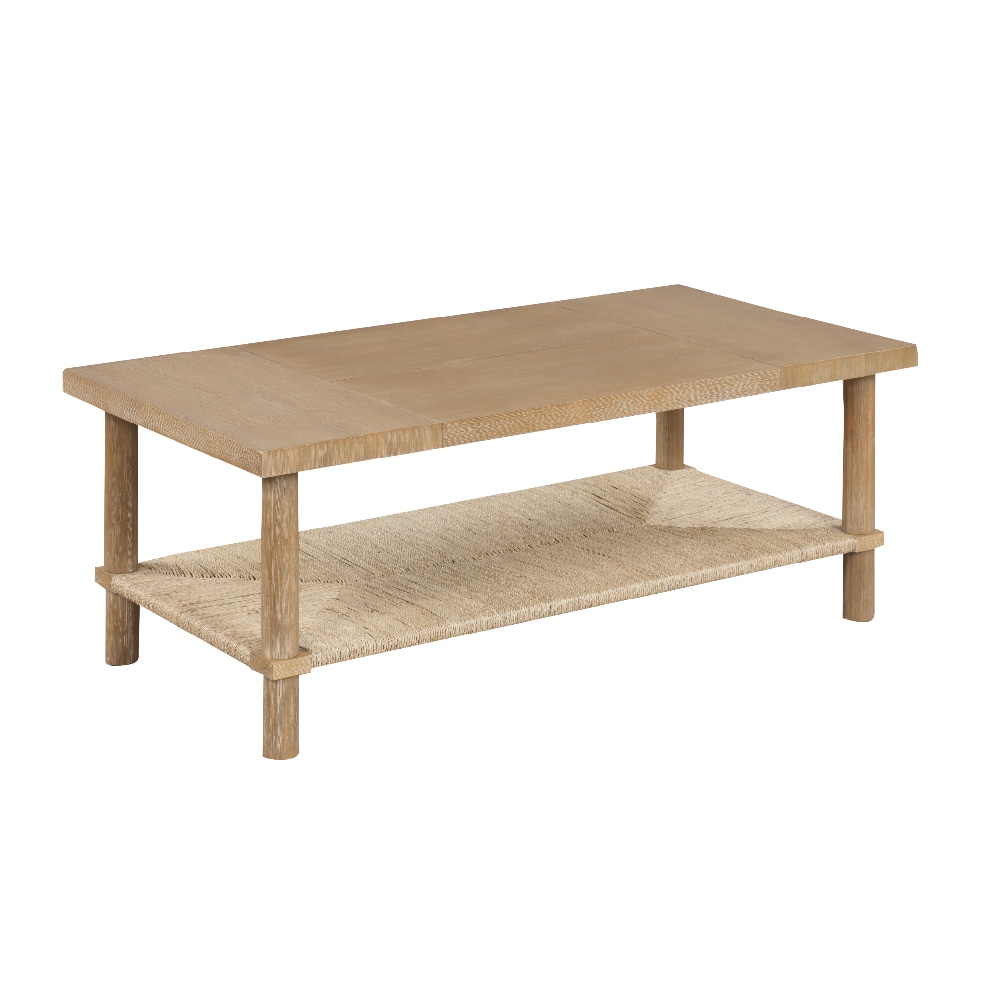 Rectangular wooden coffee table with four legs and a lower shelf made of woven material, providing additional storage space beneath the tabletop. The design is simple and modern.