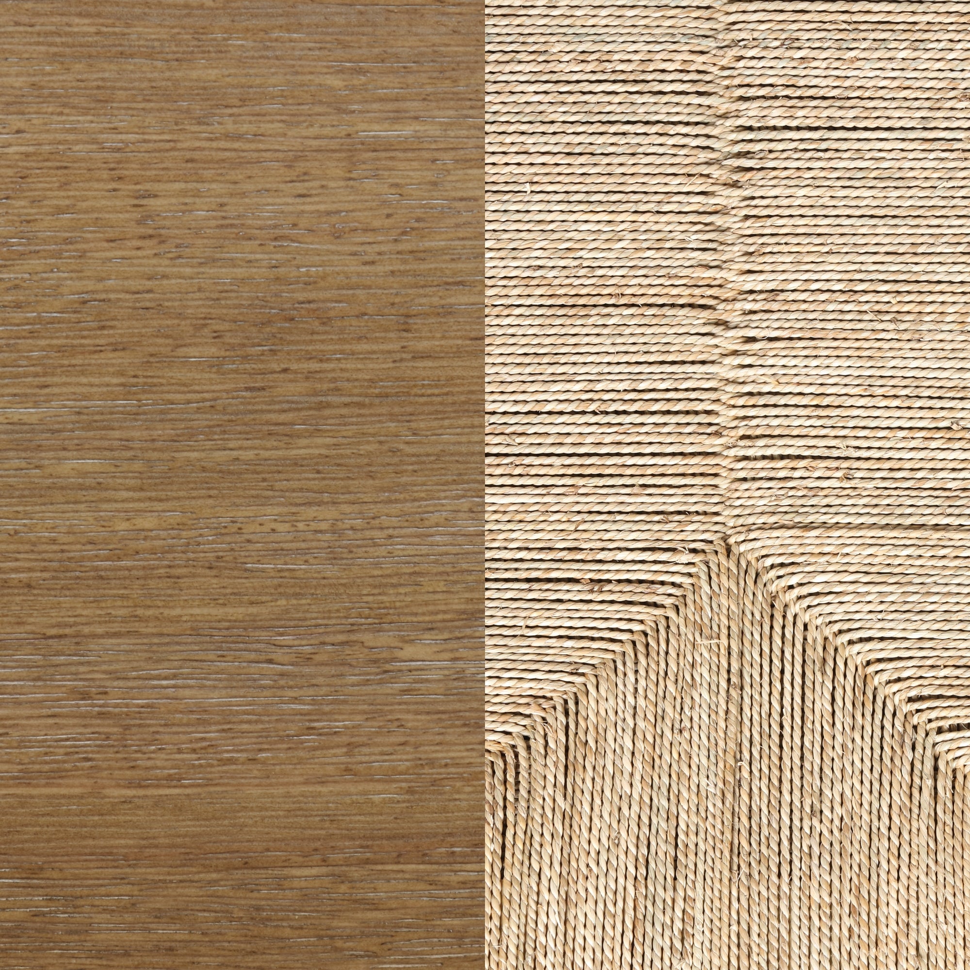 A close-up of two textured surfaces side by side: on the left, smooth light brown wood; on the right, tightly woven, diagonal straw or rope creating a geometric pattern.