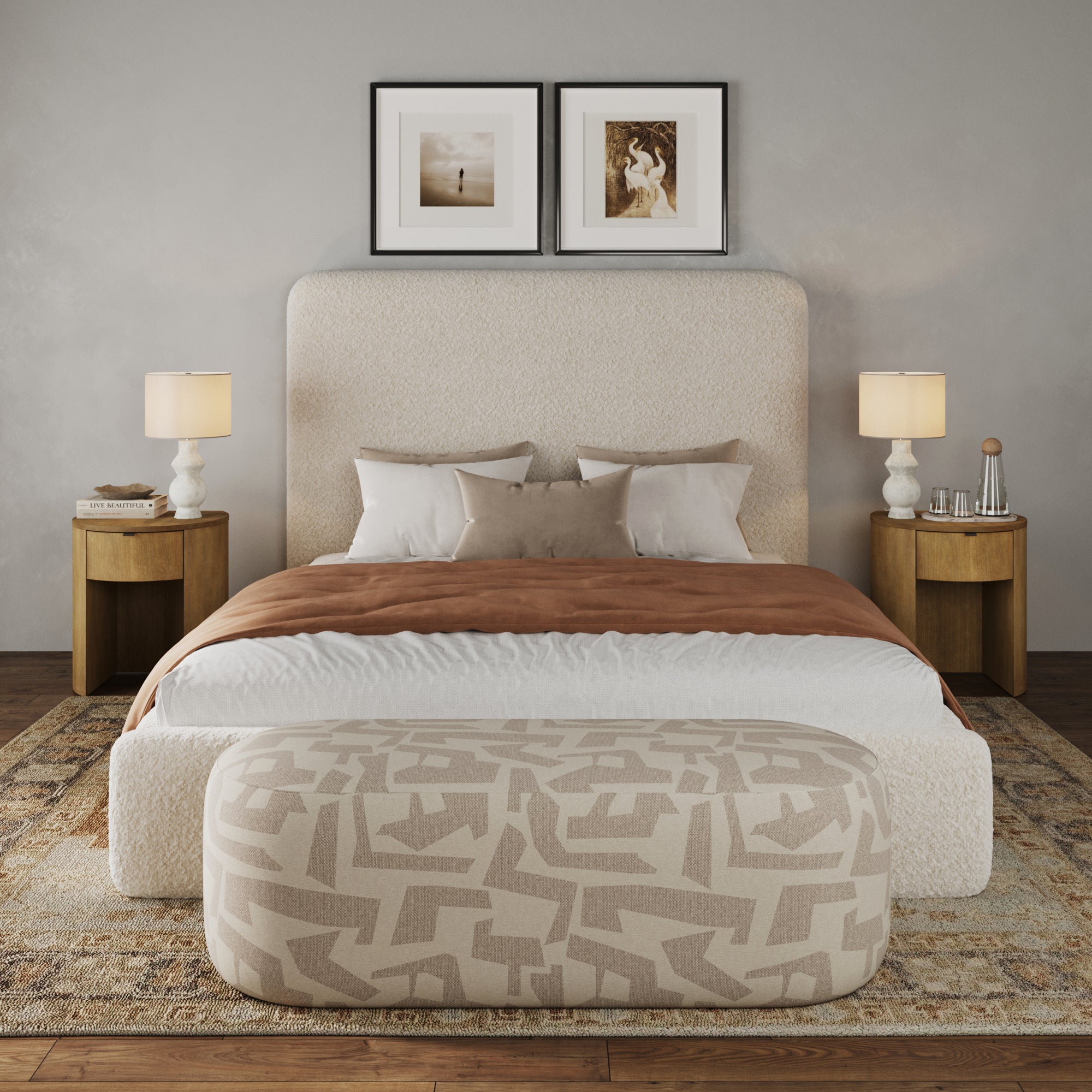 Modern Wood Curved Nightstand with Drawer Light Brown (Set of 2)