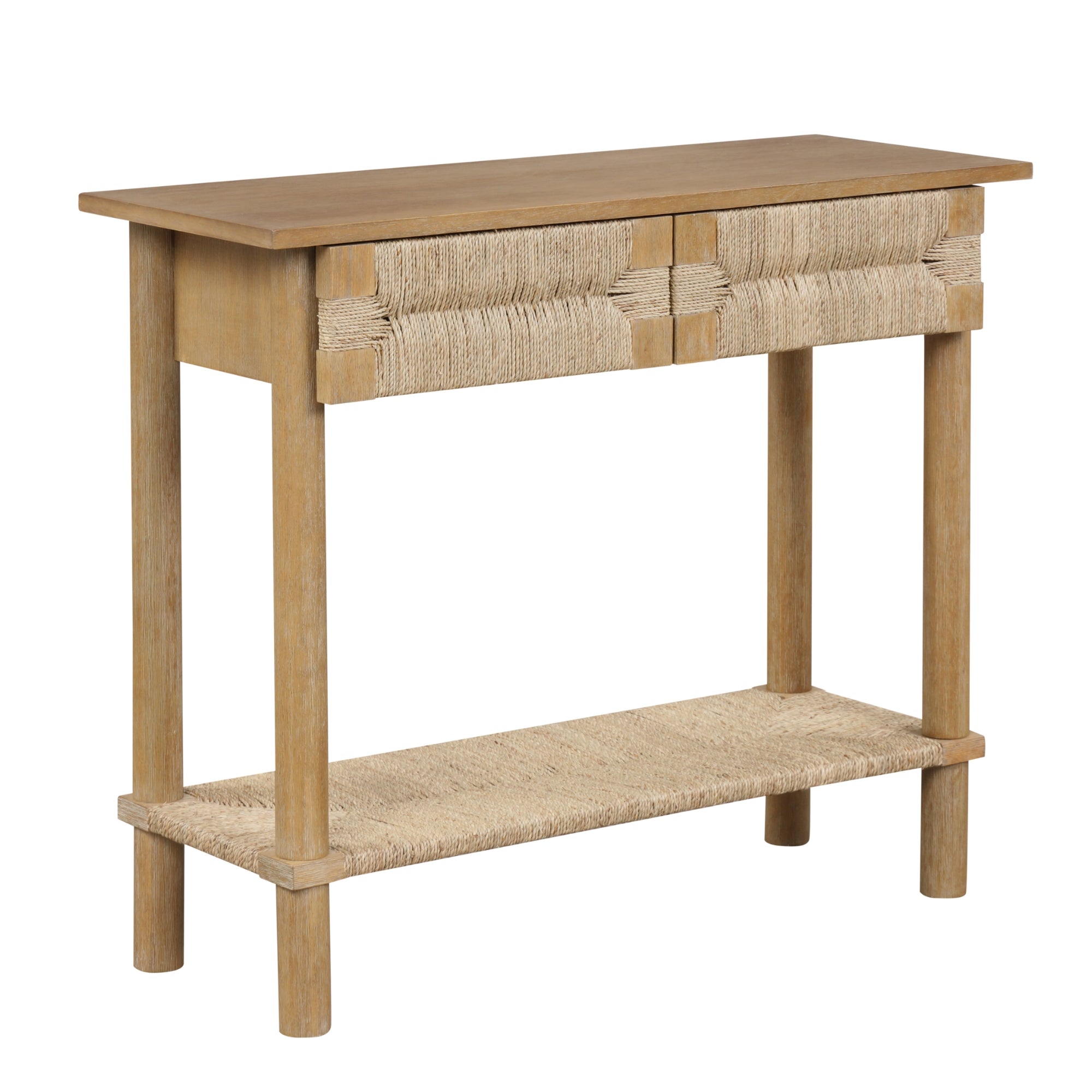 A wooden console table with a natural finish, featuring woven rope accents on two front drawers and a lower woven shelf supported by four cylindrical legs.