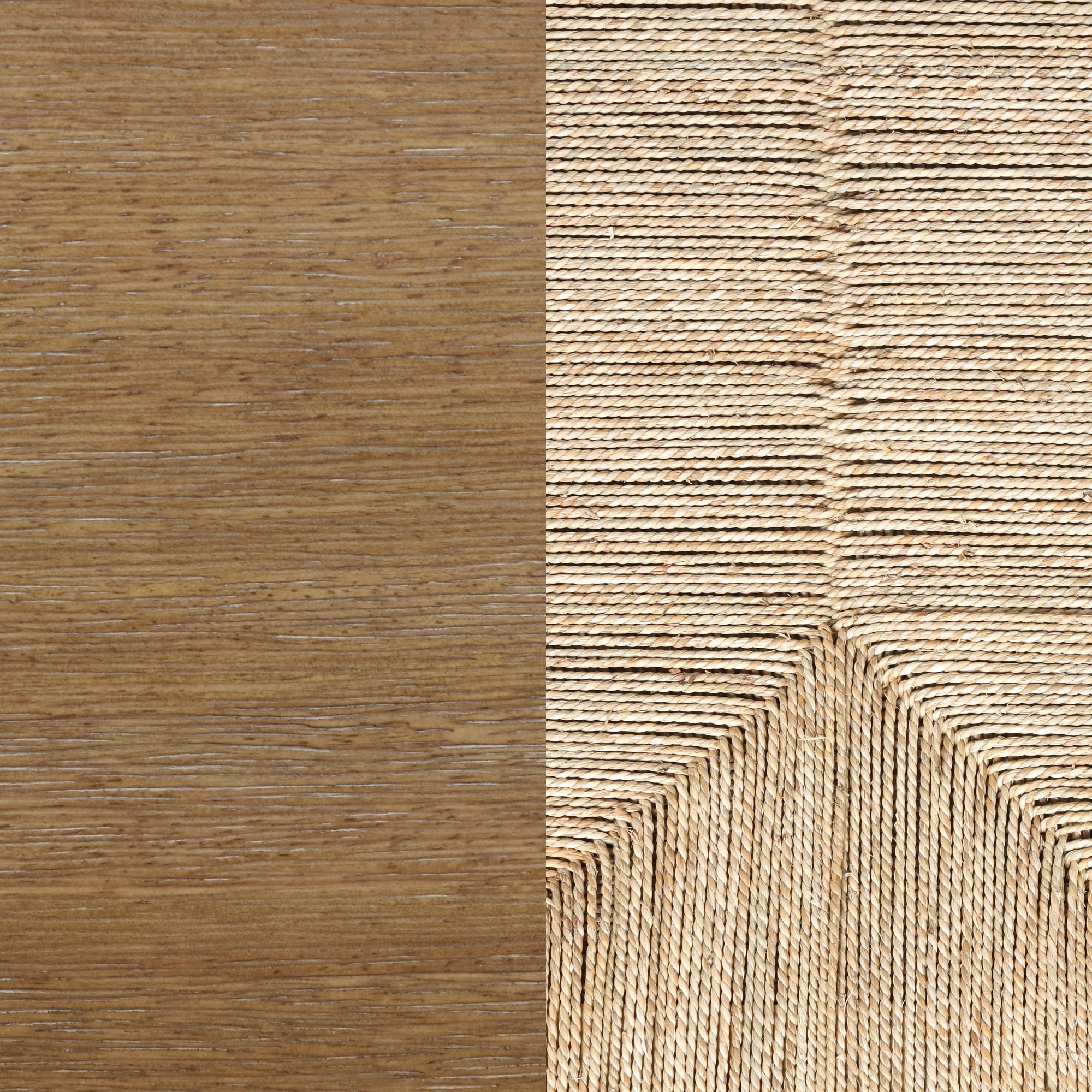 The image is split vertically; the left side shows a flat, smooth wooden surface, while the right side displays thick, parallel strands of rope arranged in a geometric, zigzag pattern.