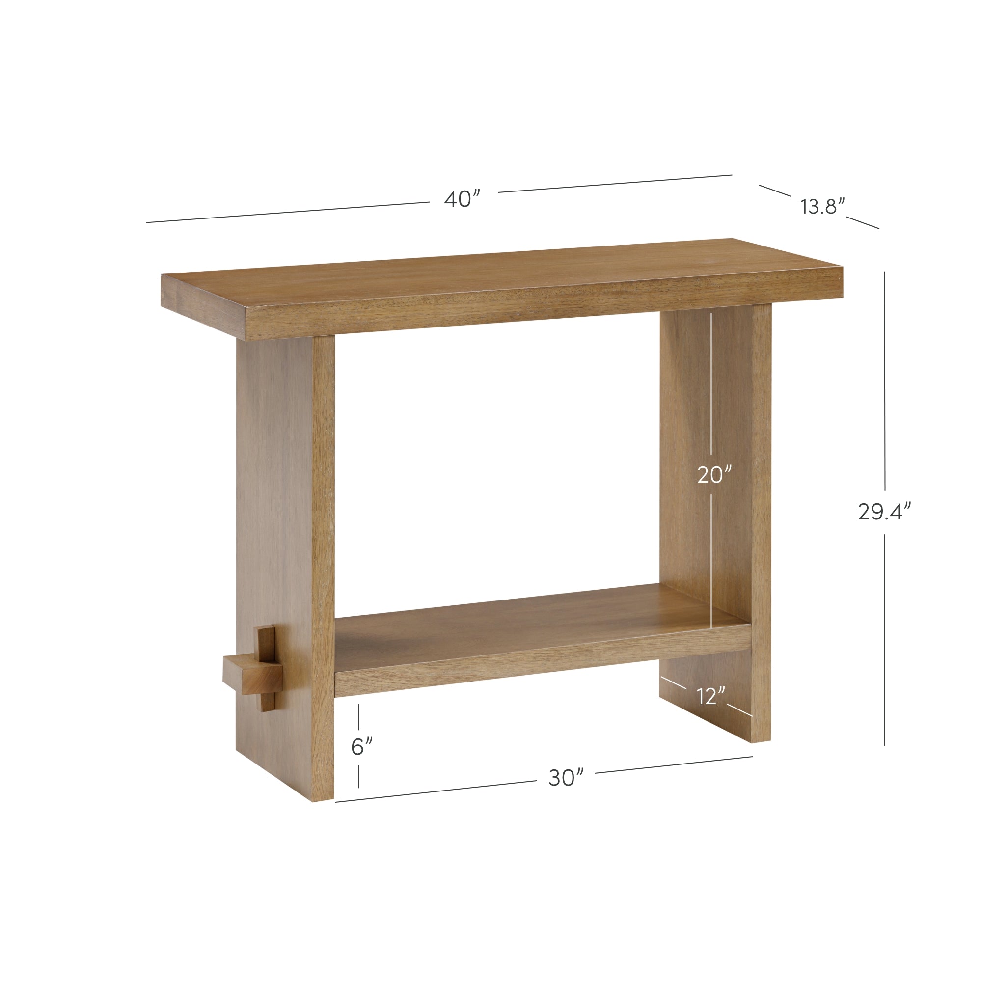 A wooden console table with a top shelf and lower shelf. Dimensions are labeled: 40 wide, 13.8 deep, 29.4 high, bottom shelf 12 deep, 30 wide, and 6 from the side.