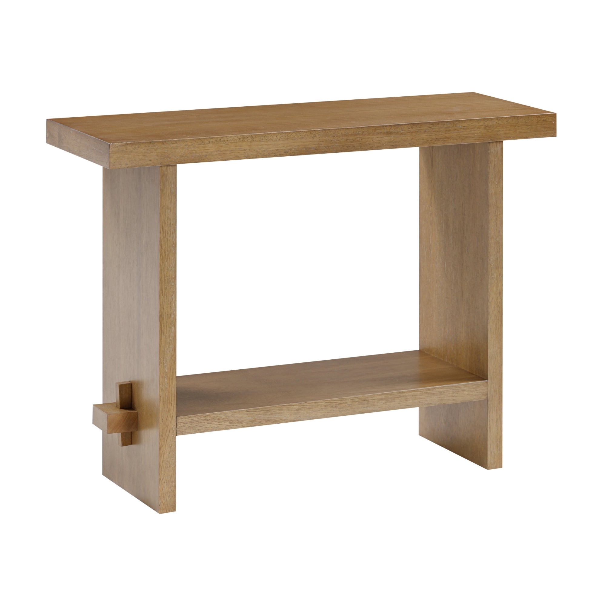 A modern wooden console table with a rectangular top, a lower shelf, and unique cross-shaped detailing on one side, shown against a white background.