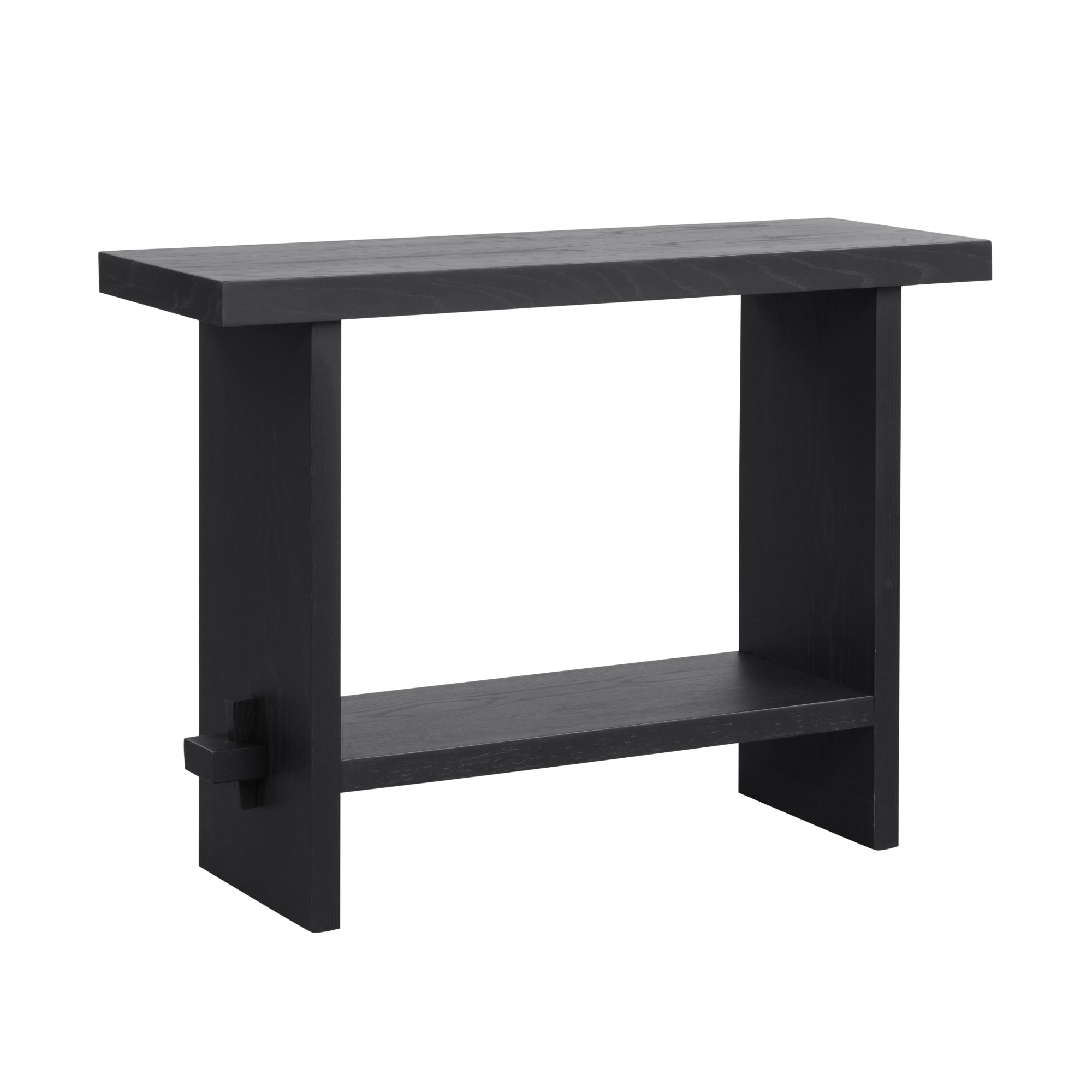A modern black wooden console table with a flat top, two side supports, and a lower shelf, featuring simple, clean lines and a rectangular shape.
