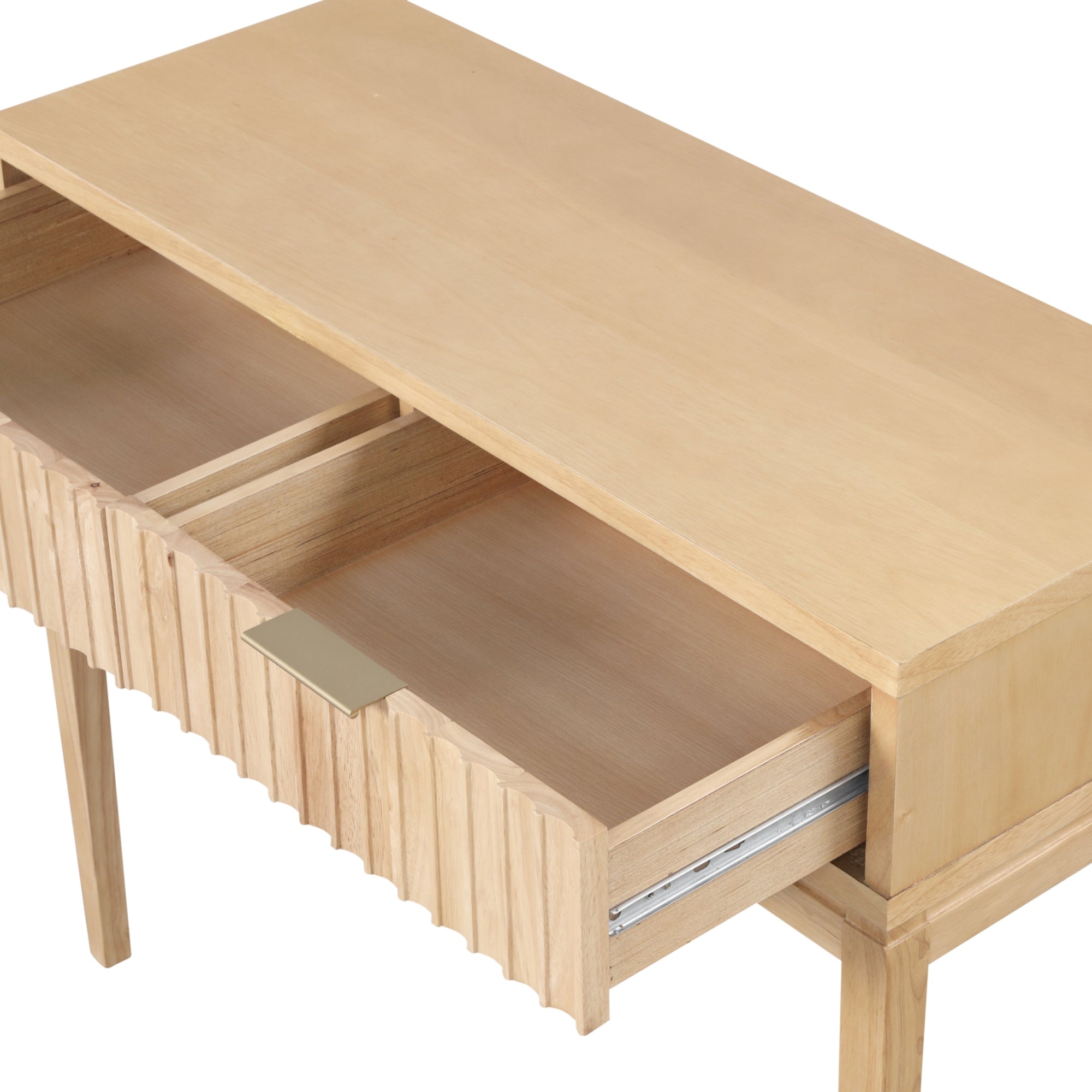 A light wood desk with a flat top, an open shelf, and a single open drawer featuring a rectangular metal handle, shown on slim, straight legs.