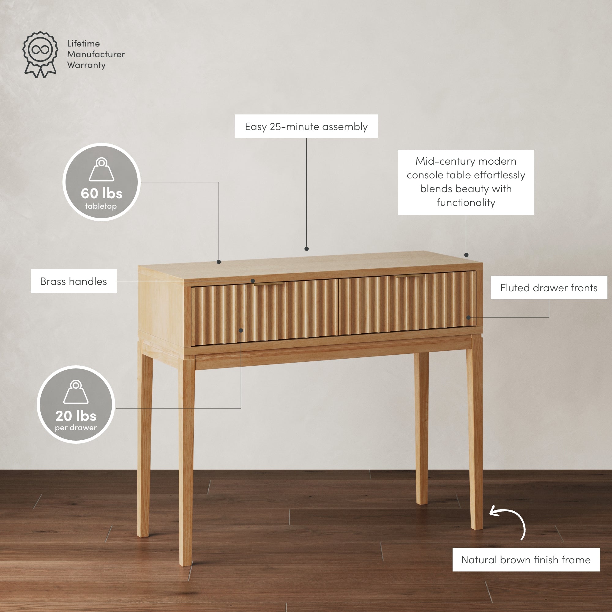 Mid-century modern console table with fluted drawer fronts, brass handles, and a natural brown finish frame. Features include 60 lb tabletop weight limit, 20 lb per drawer, easy 25-min assembly, and lifetime warranty.