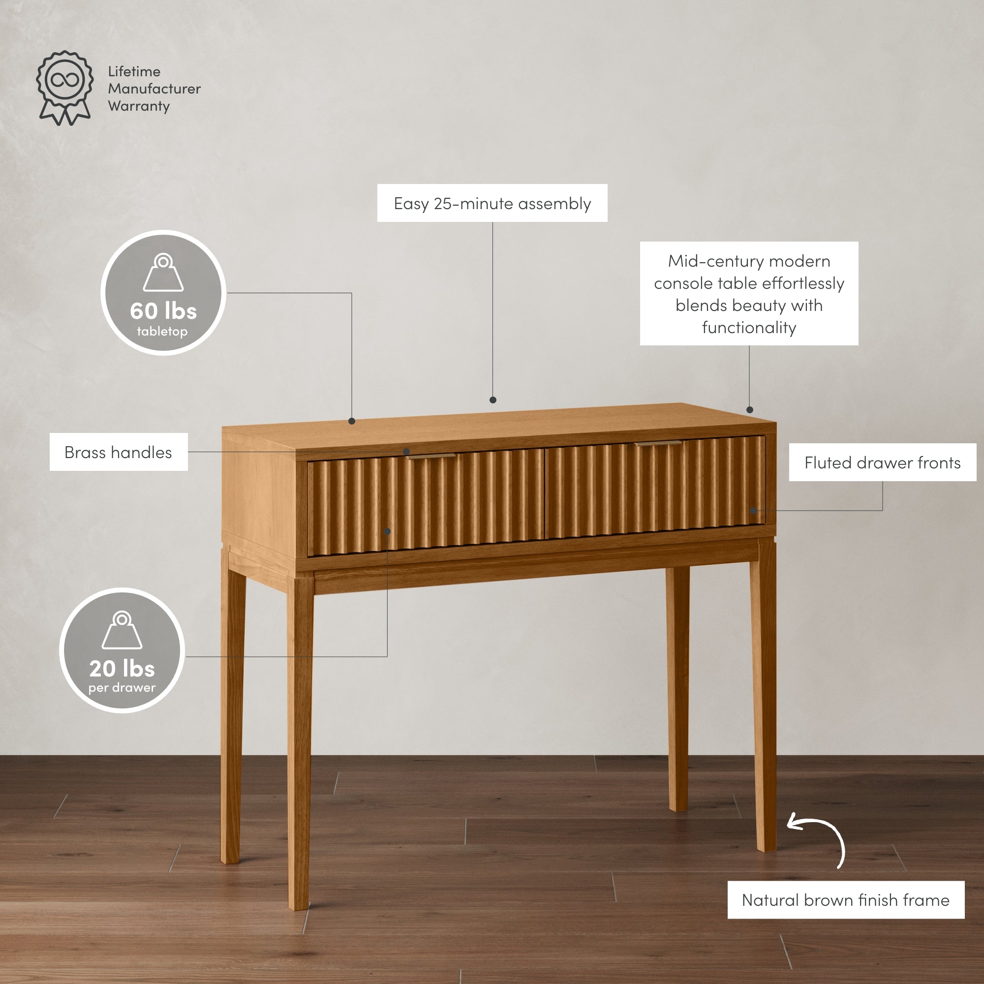 Mid-century modern console table with natural brown finish, fluted drawer fronts, brass handles, and slim legs; labeled features include 60 lbs tabletop/20 lbs per drawer weight, 25-minute assembly, and lifetime warranty.