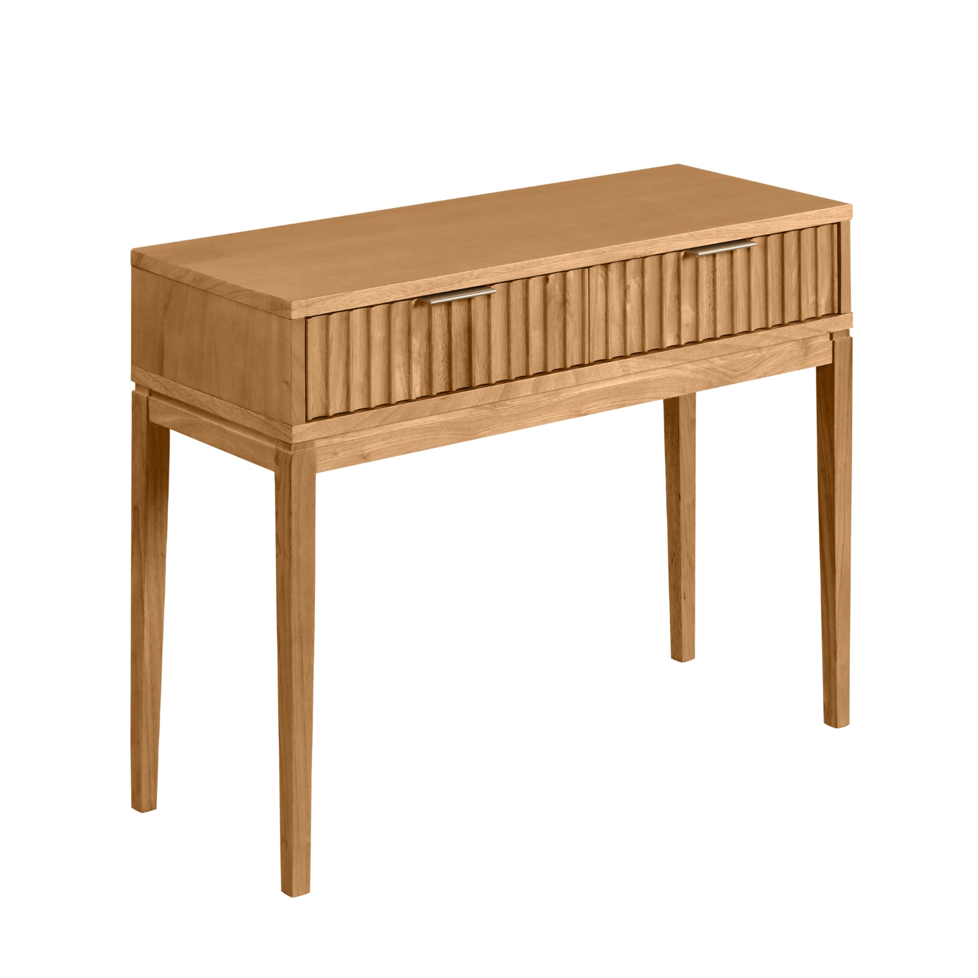 A wooden console table with a rectangular top, slim tapered legs, and a front panel featuring vertical grooves and two small handles.