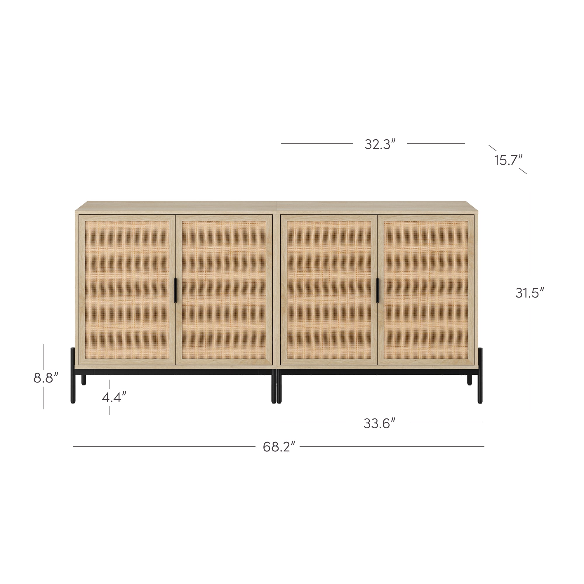 A wooden sideboard with four woven-front doors, black legs, and dimensions labeled: 68.2 wide, 31.5 high, 15.7 deep, and 8.8 leg height. Door sections are also measured.