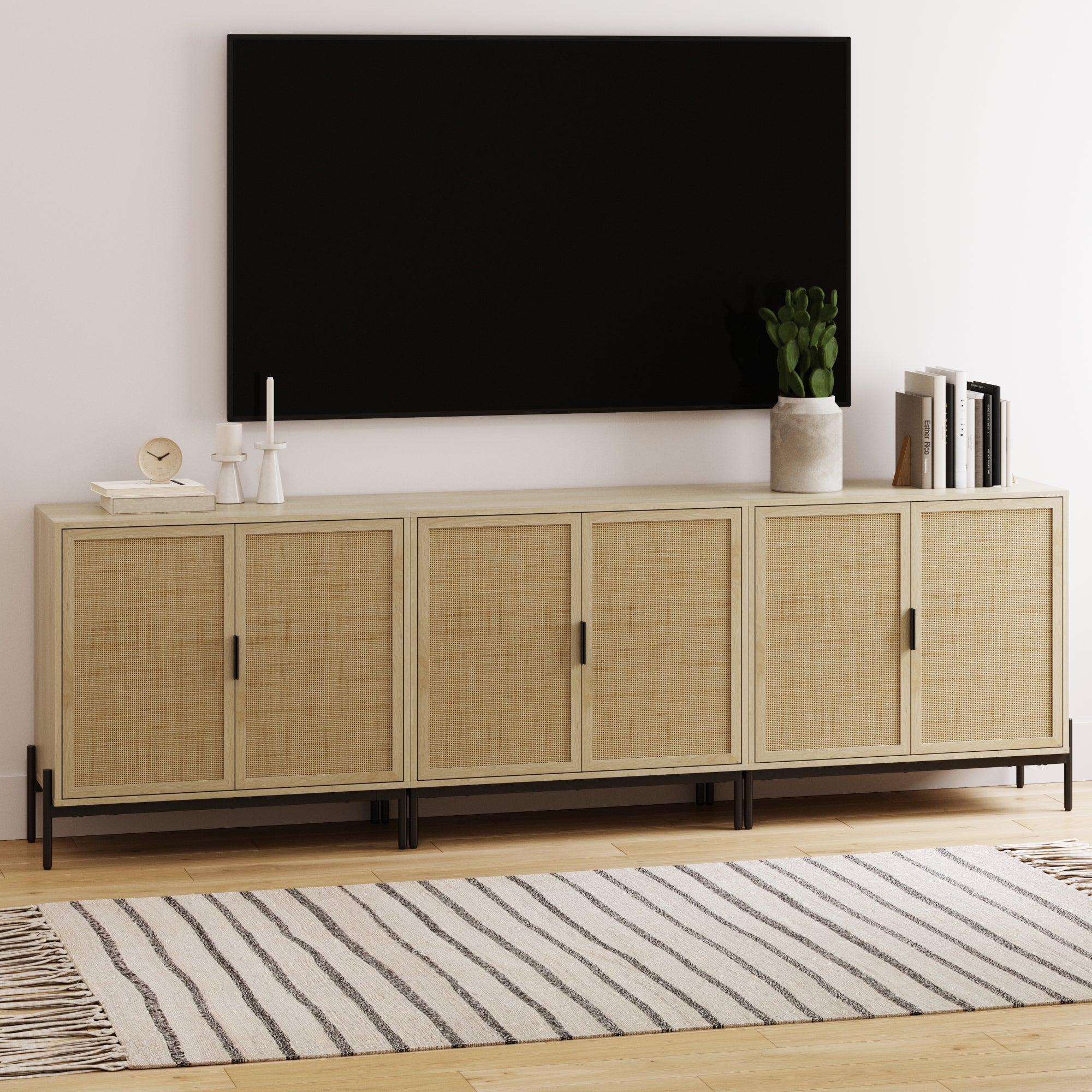 Boho Rattan TV Console for TVs 75 - 85" with Metal Legs Light Oak - Nathan James