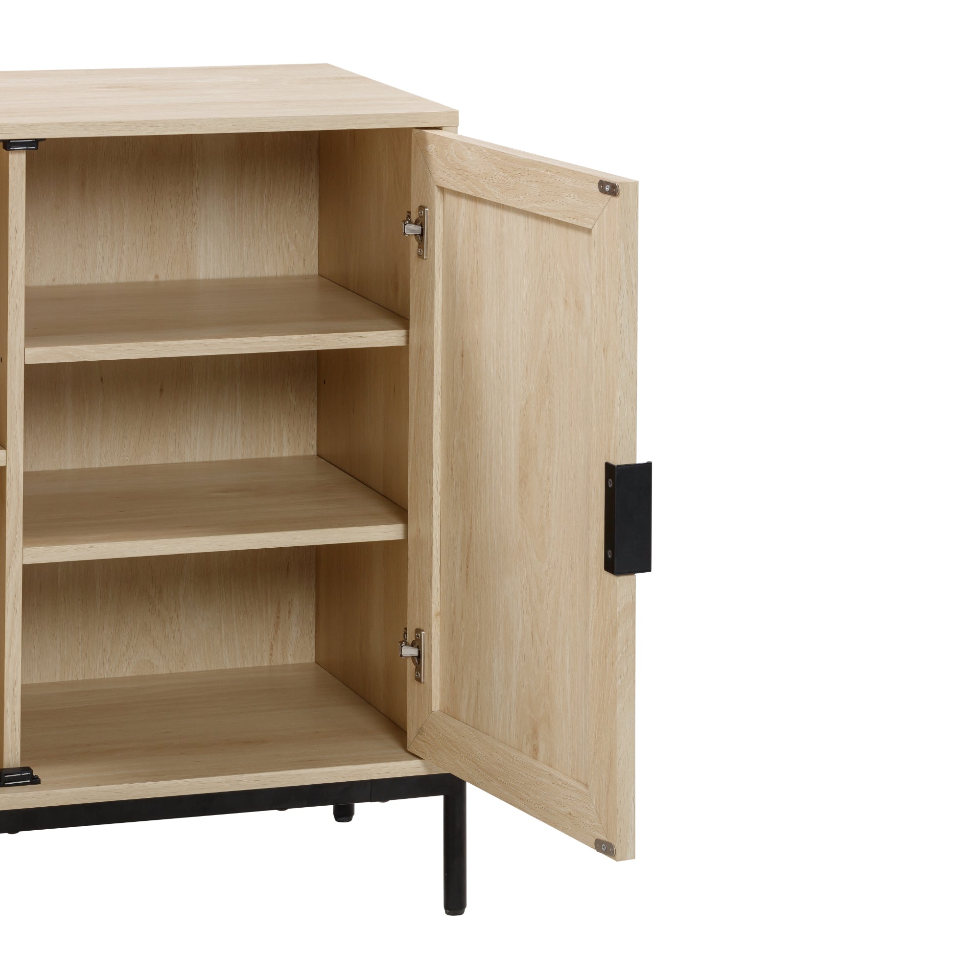 A light wood cabinet with black metal legs and handle, shown with one door open to reveal three interior shelves. The cabinet is empty and set against a white background.