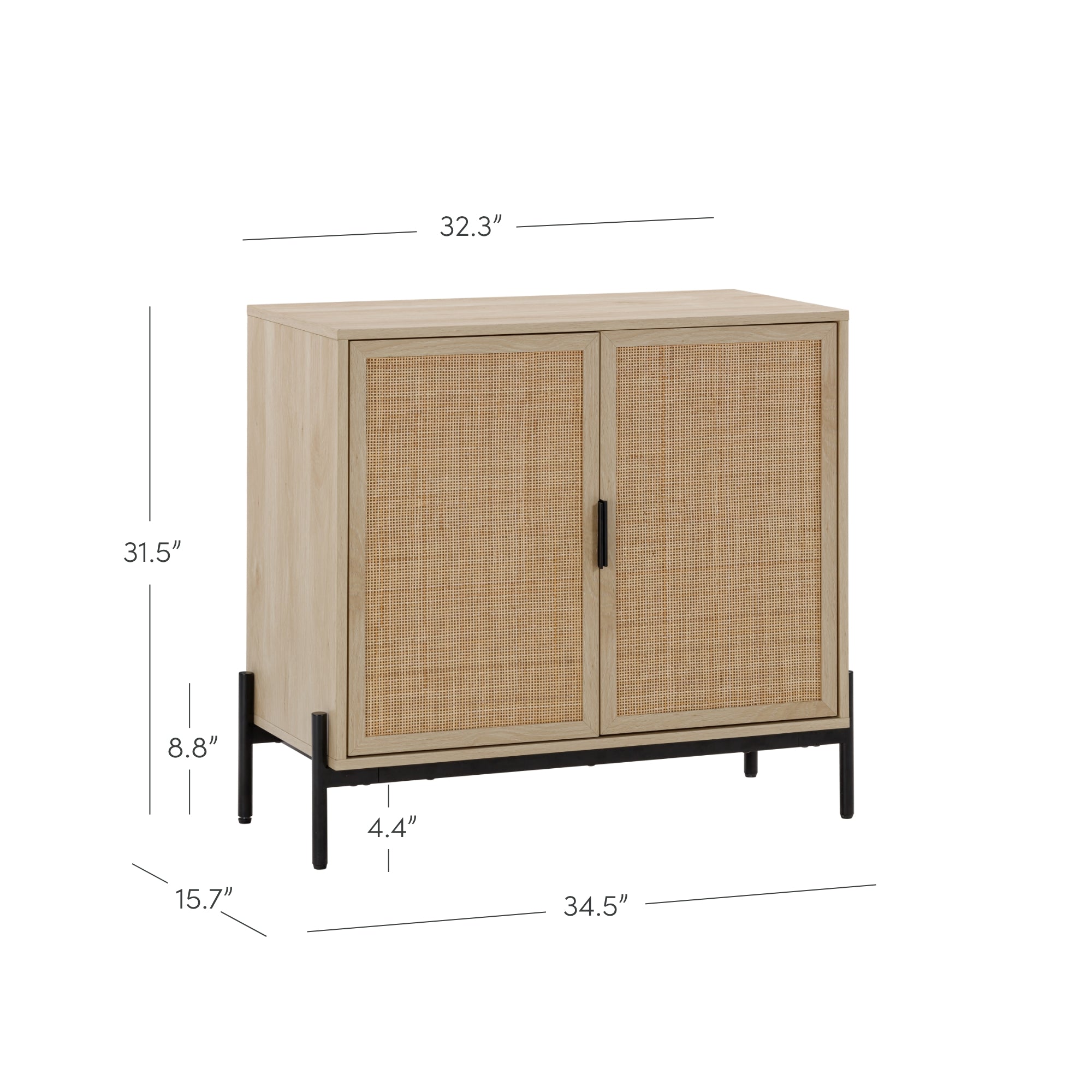 Light wood cabinet with two woven doors, black metal handles and legs. Dimensions are labeled: 32.3 wide top, 34.5 wide bottom, 31.5 high, 15.7 deep, 8.8 leg height, and 4.4 leg width.
