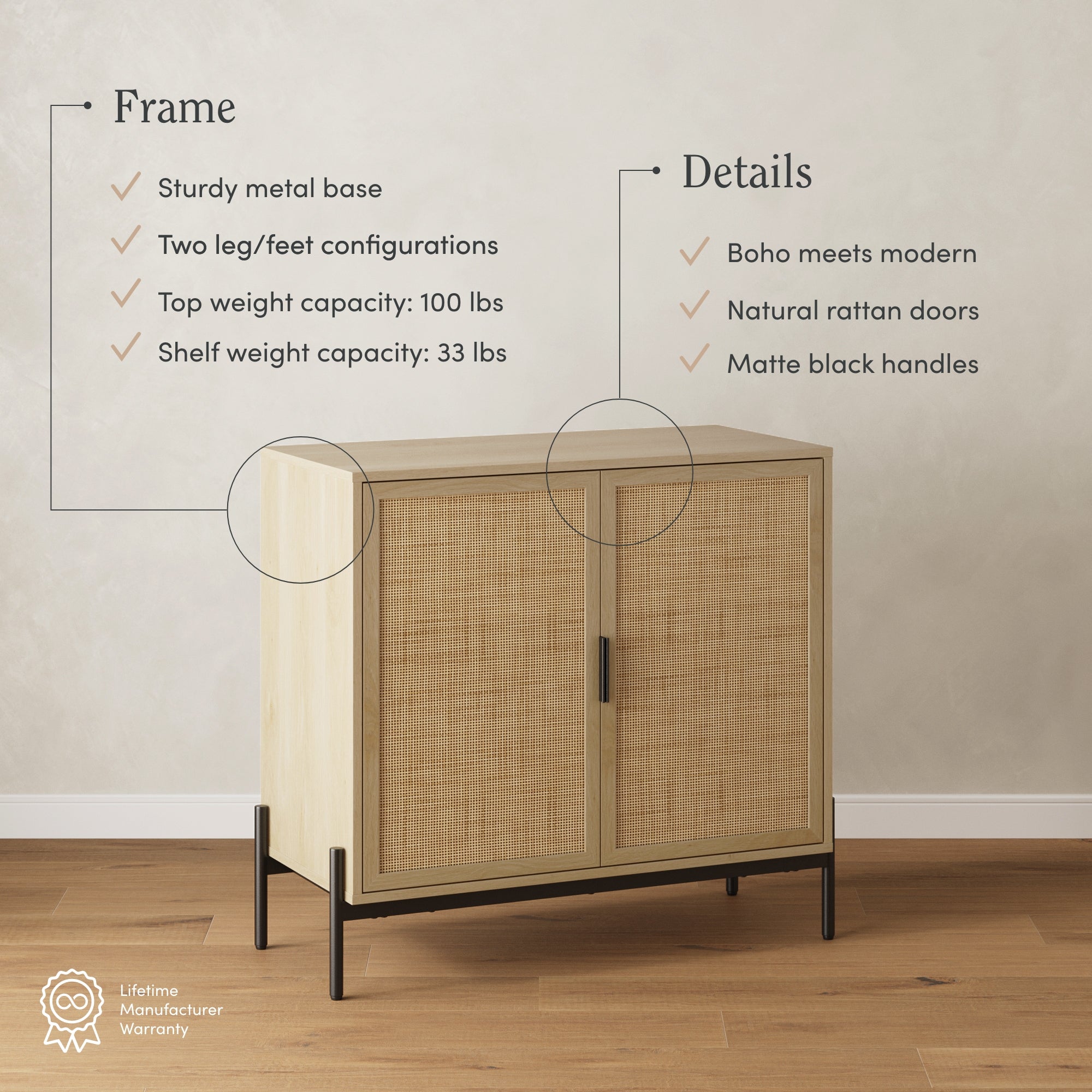 A light wood cabinet with woven rattan doors, black matte handles, and a sturdy black metal base. Text highlights its features: modern-boho style, two leg options, and weight capacities for top (100 lbs) and shelves (33 lbs).