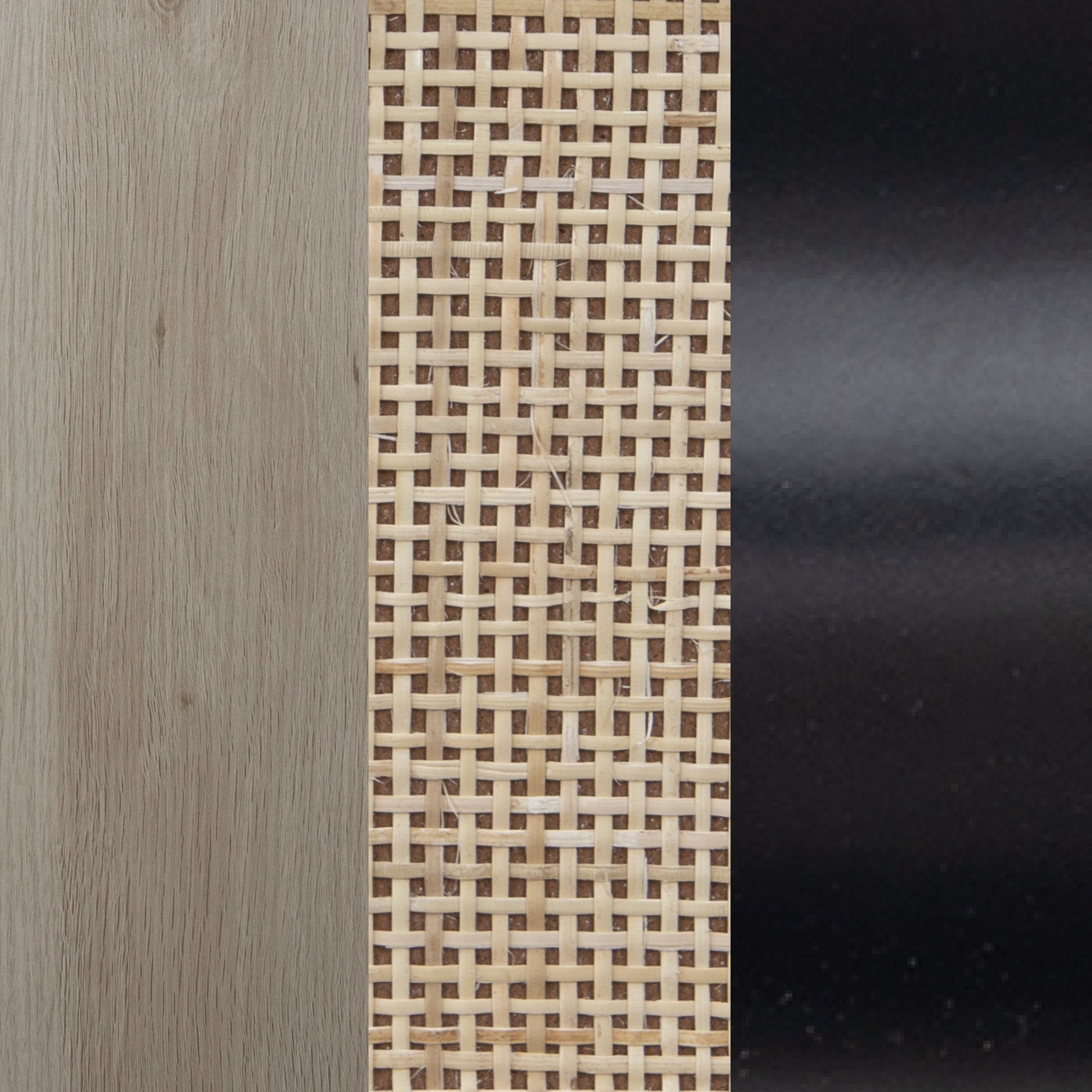 Three vertical panels: light wood grain on the left, woven rattan texture in the center, and smooth black surface on the right.
