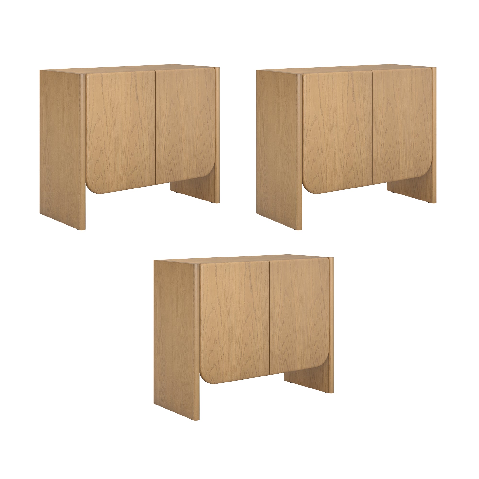 Three light wood cabinets with two doors each, shown from different angles. The cabinets have a minimalist design with smooth, rounded edges on the front panels.