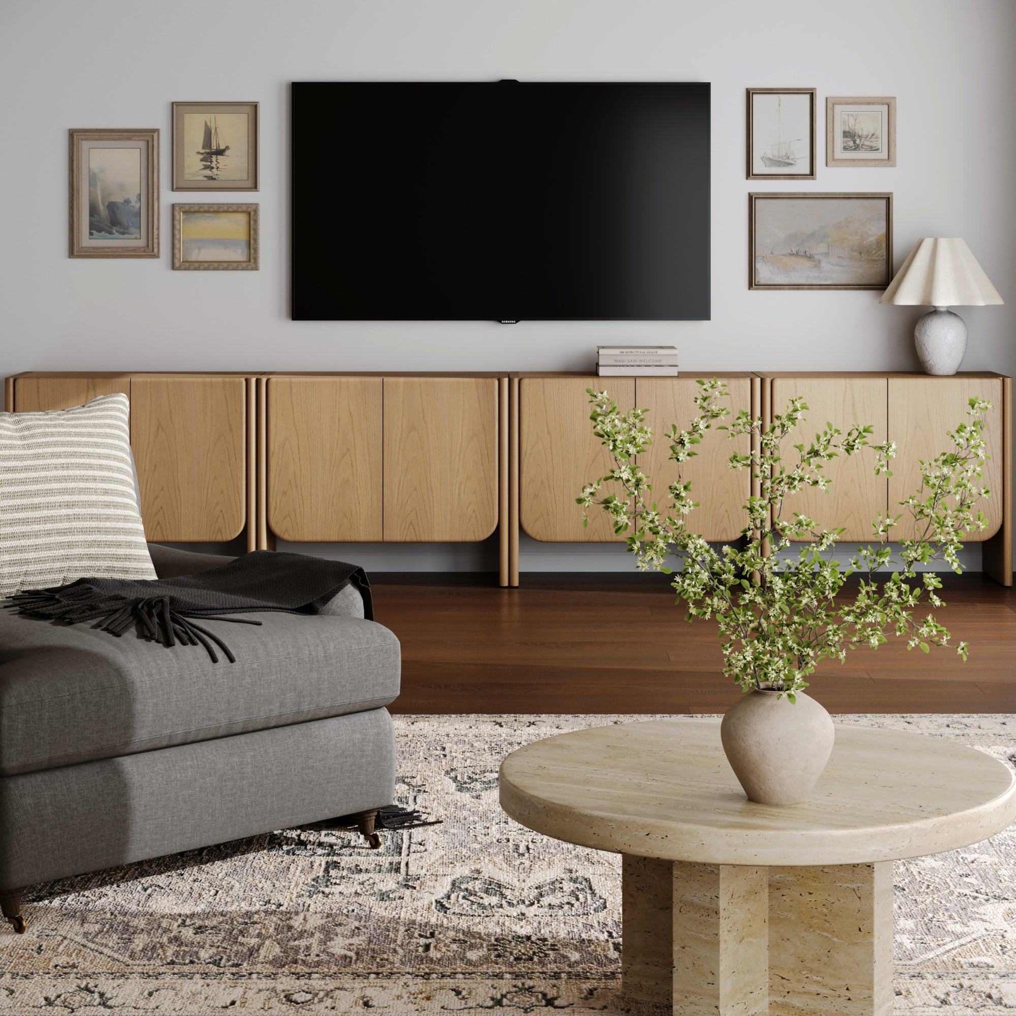 Rounded Wood TV Console Cabinet Raw Oak for TVs 85" - Nathan James