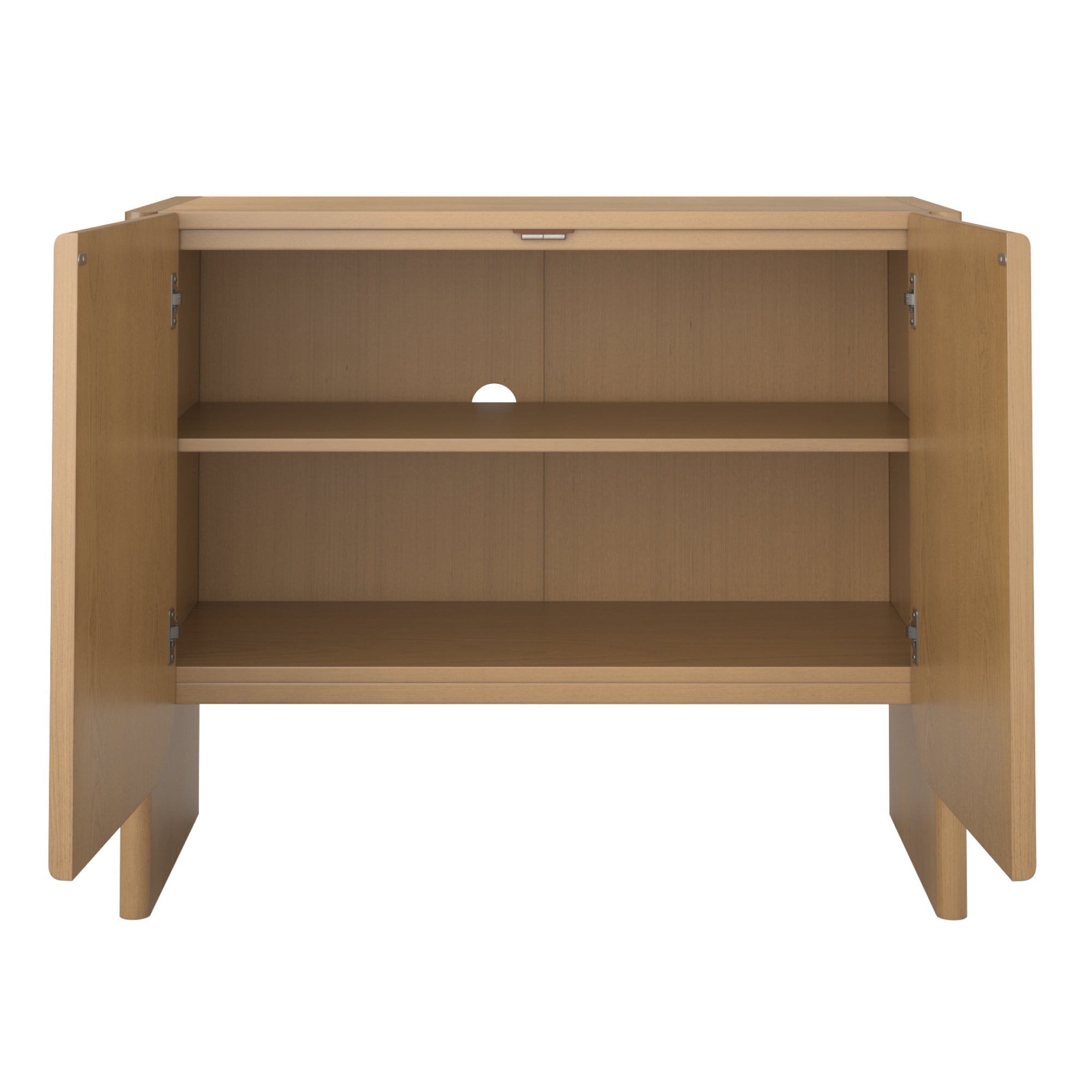 A wooden cabinet with two open doors, an interior shelf dividing the space, and a circular cable hole at the back panel. The cabinet has a light wood finish.