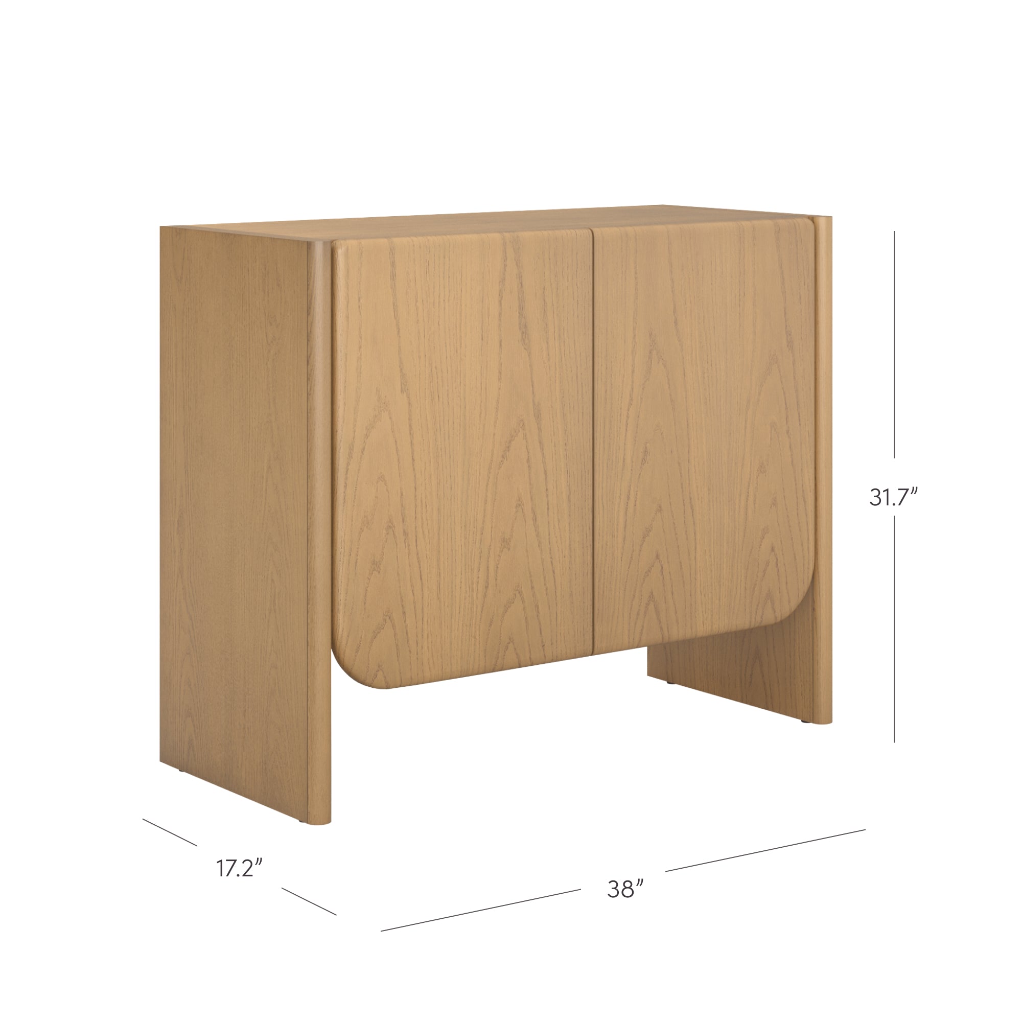 Light wood sideboard cabinet with two front doors, curved bottom edges, and three visible dimensions noted: 31.7 inches tall, 38 inches wide, and 17.2 inches deep.