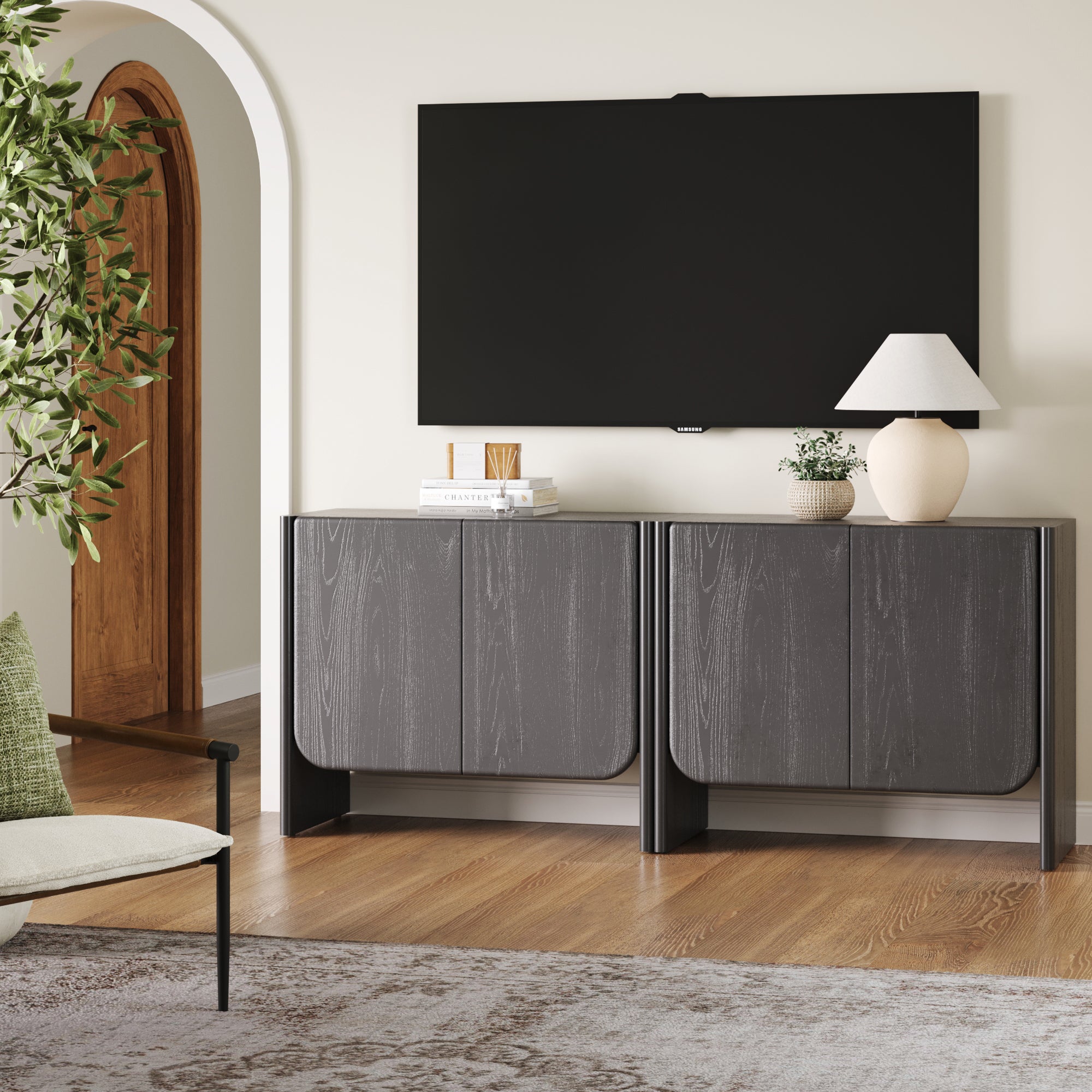 Rounded Wood TV Console Cabinet Black Oak for TVs 55 - 65" - Nathan James
