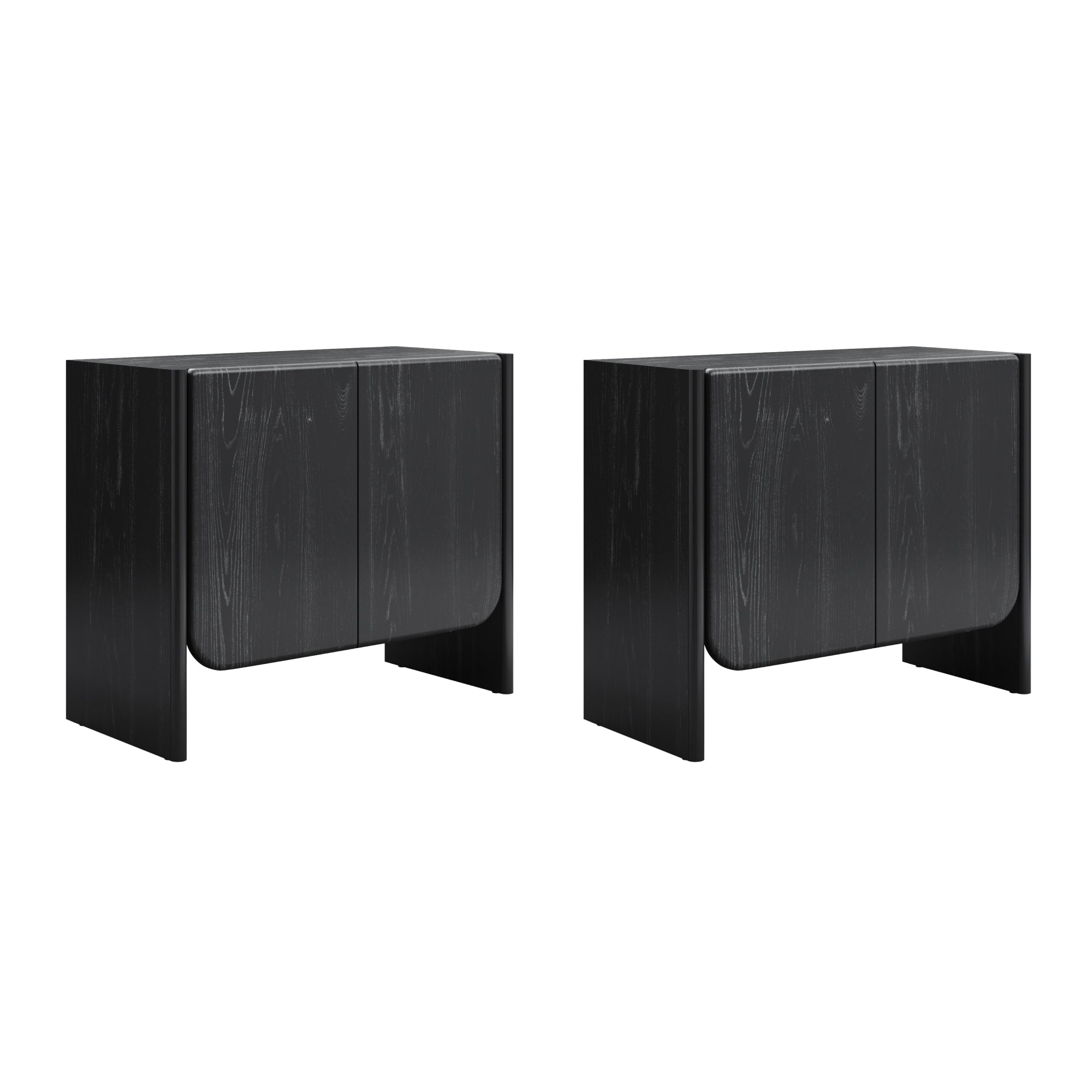 Two modern black nightstands with clean lines, a wood grain texture, and smooth, rounded front edges. Each has two doors and a simple, minimalist design. The nightstands are shown side by side on a white background.
