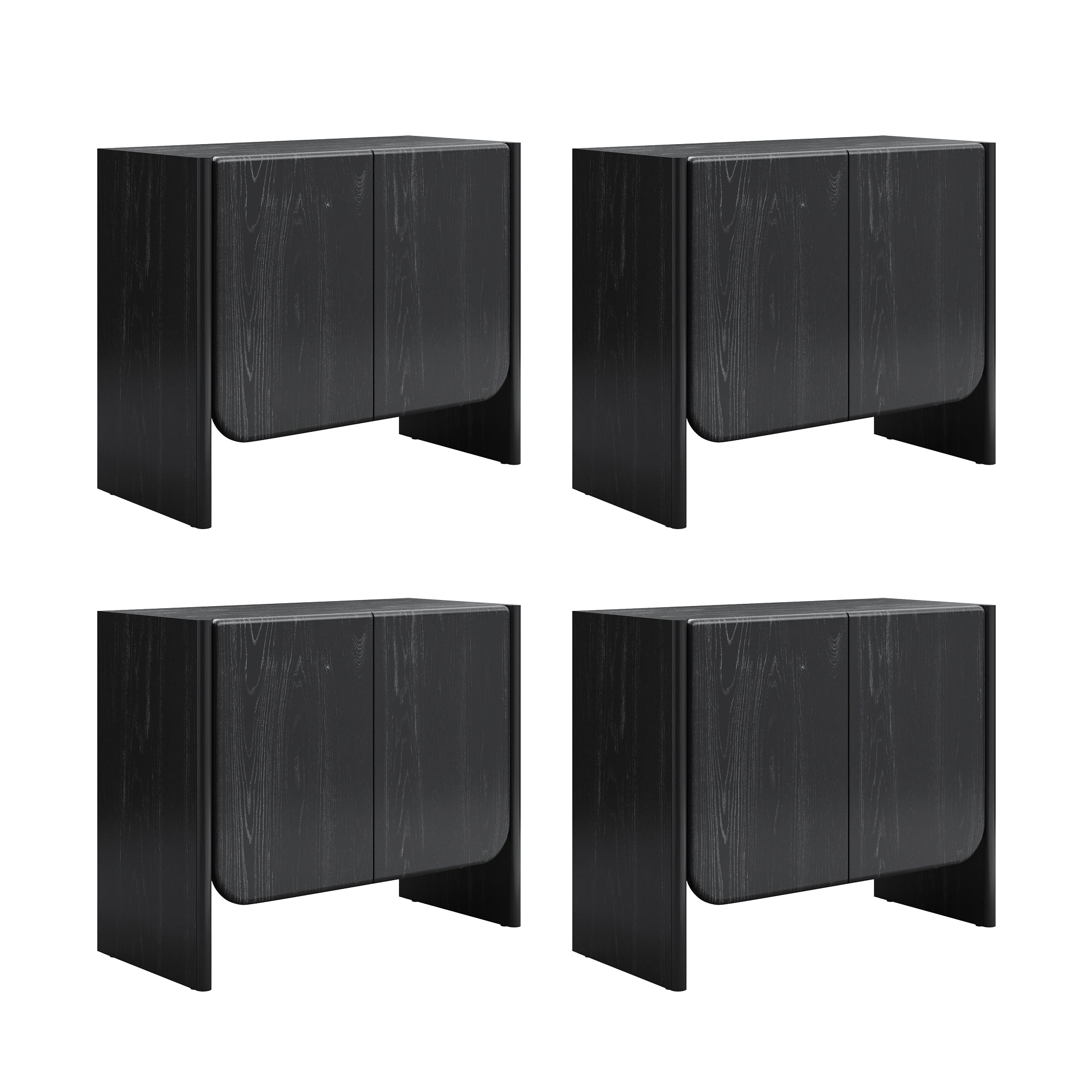 Four identical black wooden nightstands with a modern, boxy design and rounded front corners, arranged in a two-by-two grid on a white background.