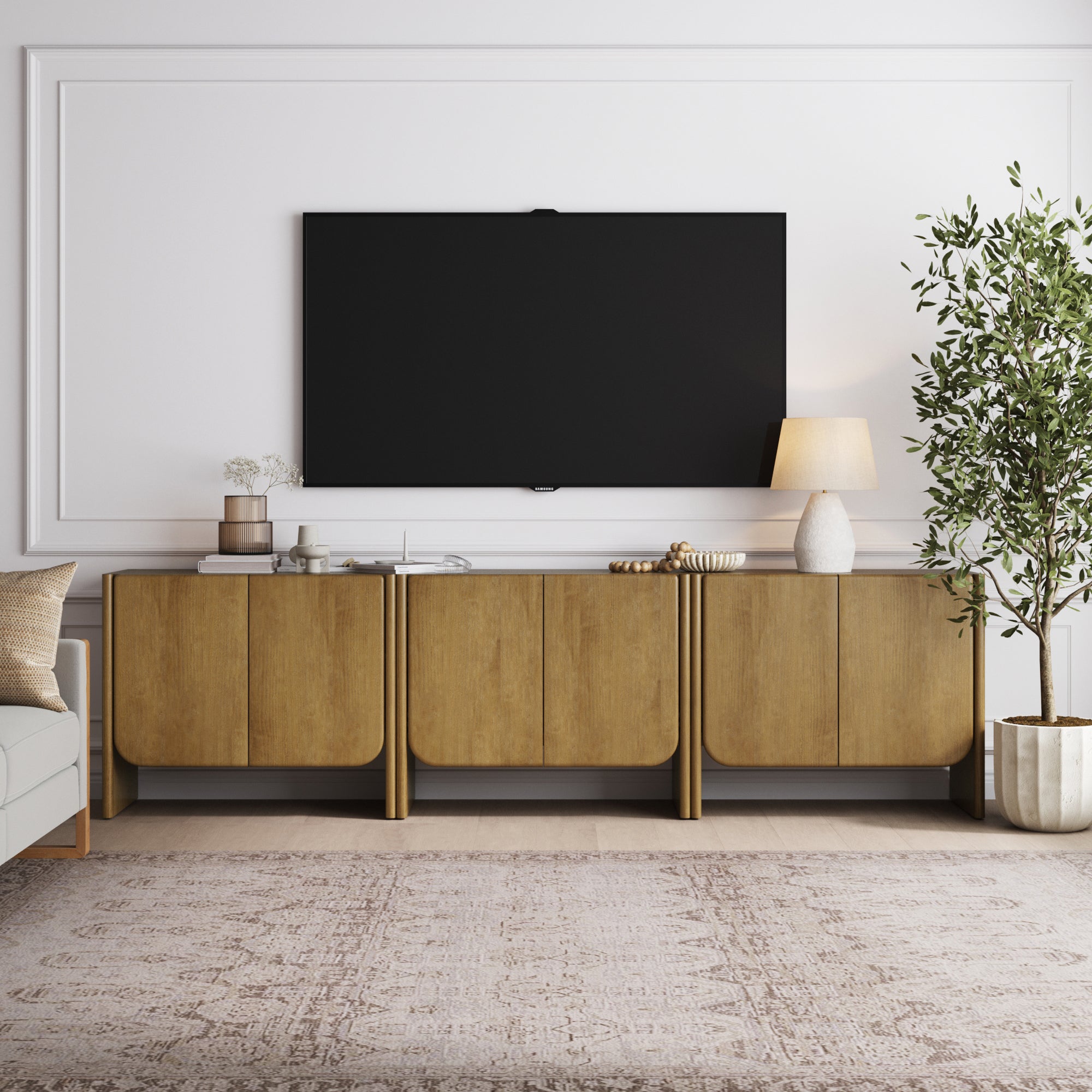 Rounded Wood TV Console Cabinet Light Brown for TVs 75 - 85" - Nathan James