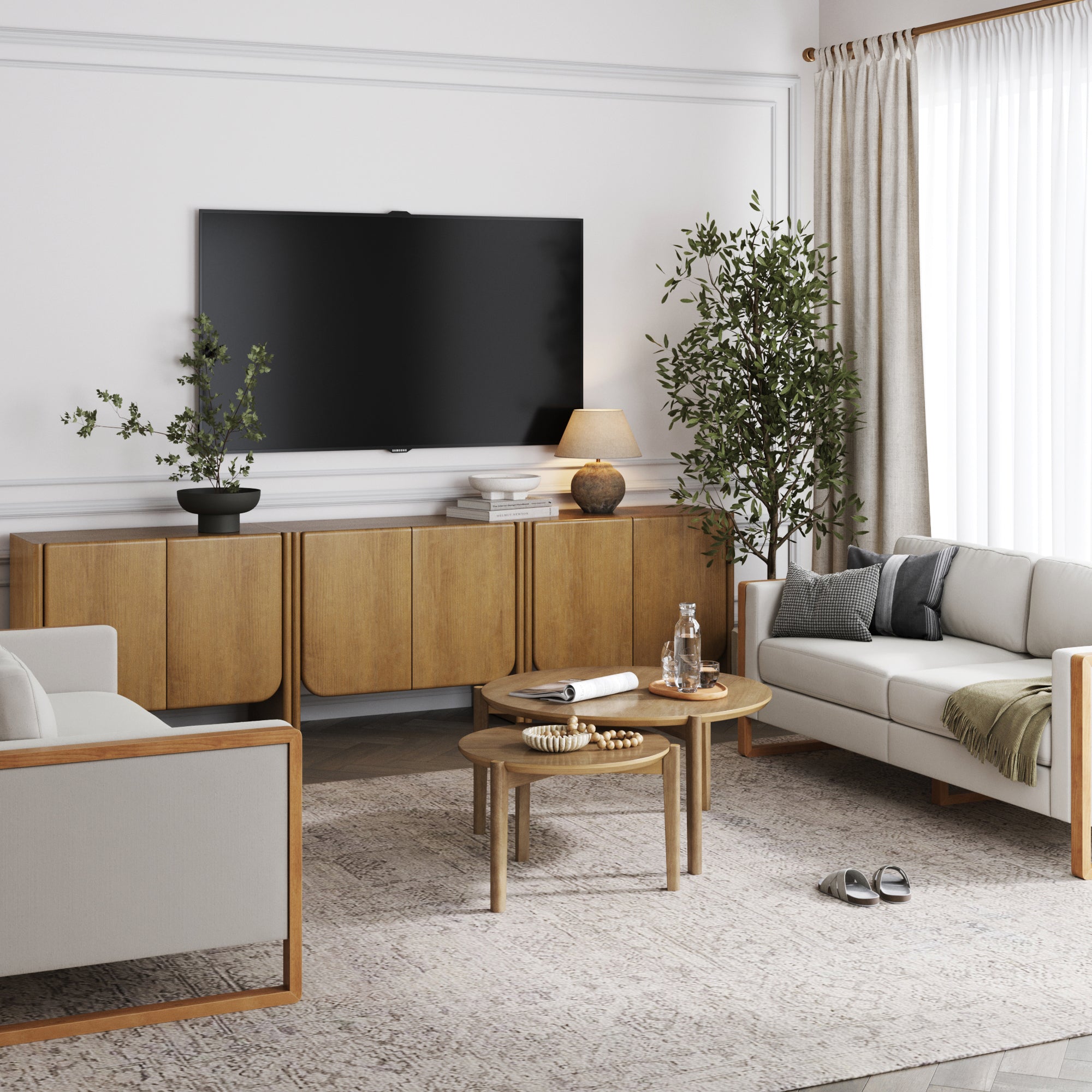 Rounded Wood TV Console Cabinet Light Brown for TVs 75 - 85" - Nathan James