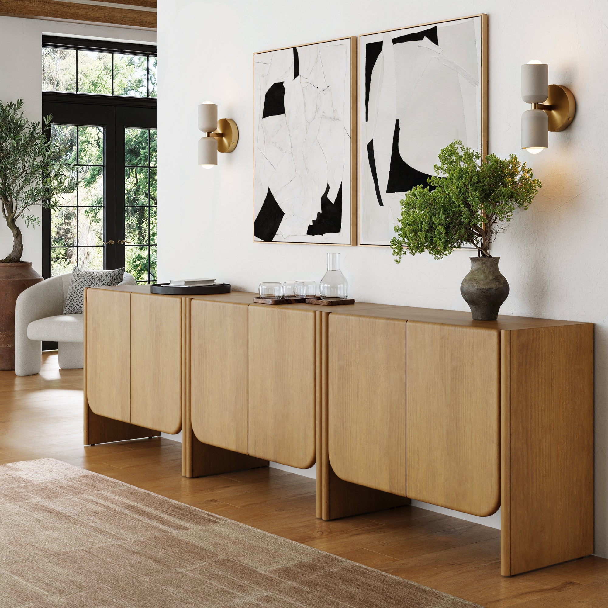 Arched Wood Accent Cabinet or Kitchen Credenza Light Brown (Set of 3)