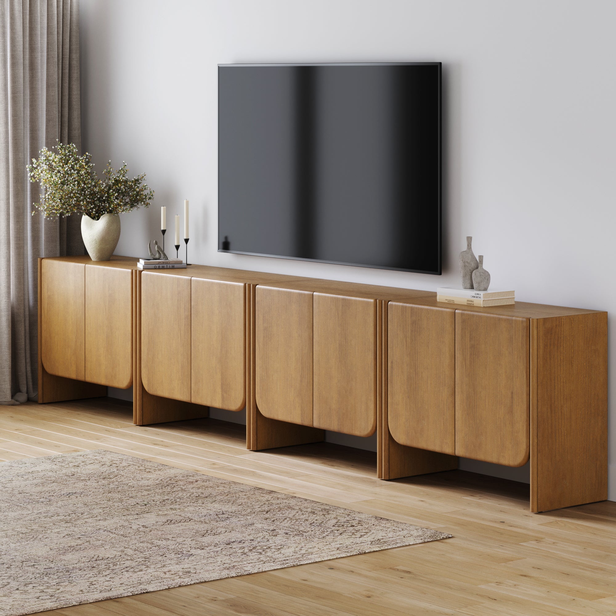 Rounded Wood TV Console Cabinet Light Brown for TVs 85"