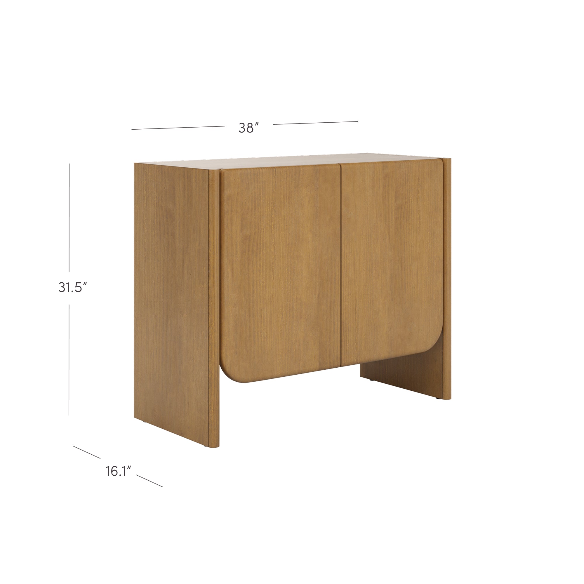 A wooden cabinet with two doors and rounded bottom edges, shown with dimensions: 38 inches wide, 31.5 inches high, and 16.1 inches deep. The cabinet has a simple, modern design.