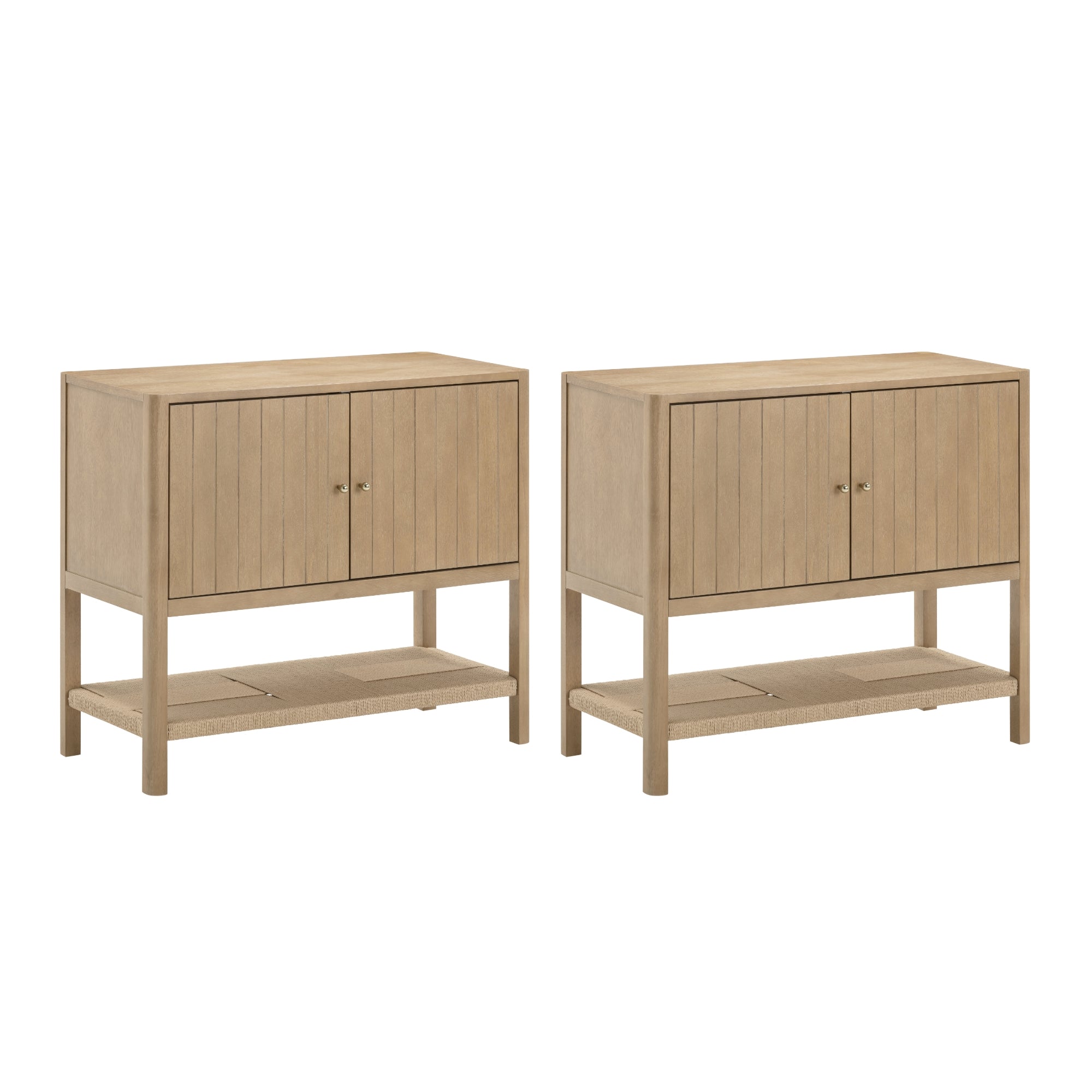 Two light wood cabinets with vertical panel doors, round knobs, and an open lower shelf. The cabinets have a simple, modern design and are placed side by side against a white background.