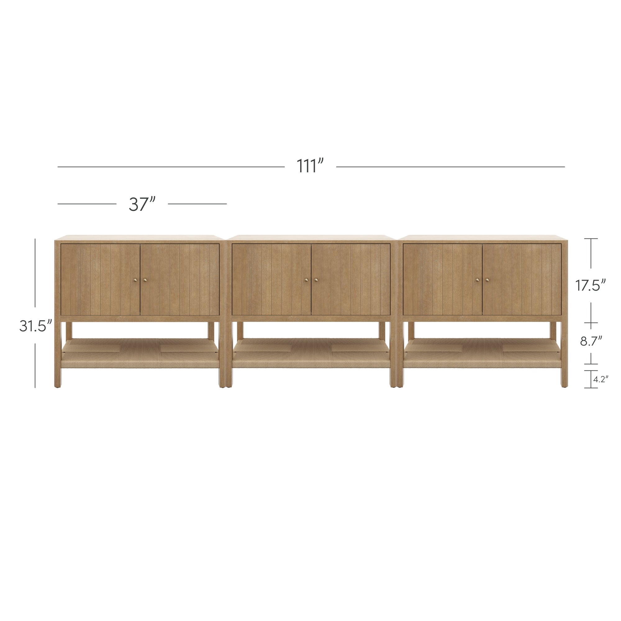 A wooden storage console with three cabinets side by side, each with two doors and a lower shelf. Dimensions: 111 wide, 31.5 high, 17.5 cabinet height, 8.7 shelf height, and 14.2 shelf depth.